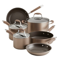 Bronze 9-piece hard anodized nonstick cookware set: two frying pans, a sauté pan, two saucepans with lids and a stockpot with lid