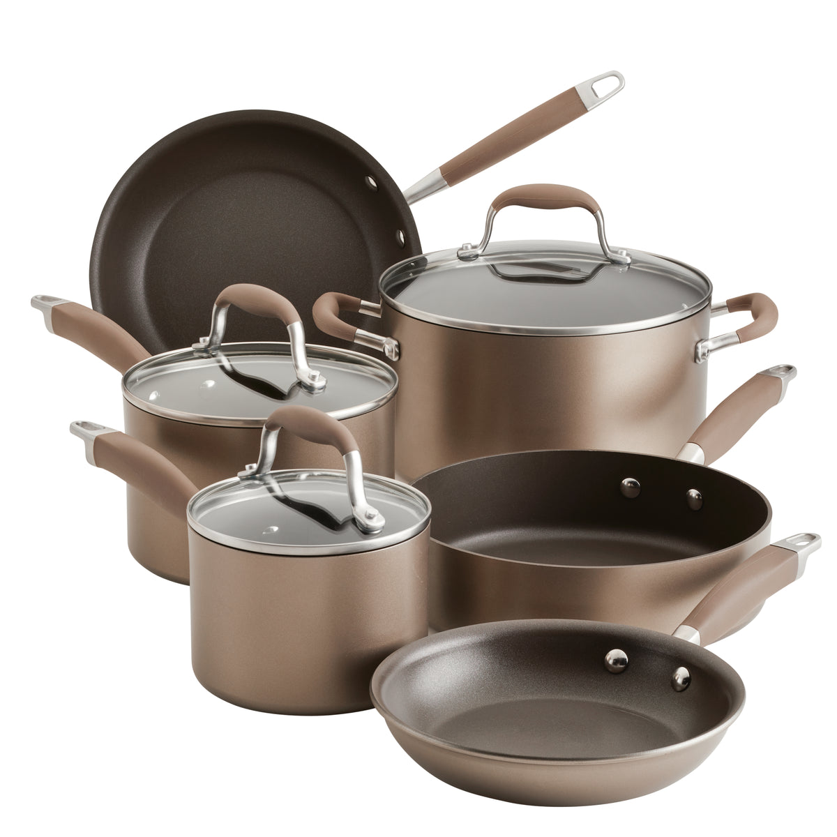 Bronze 9-piece hard anodized nonstick cookware set: two frying pans, a sauté pan, two saucepans with lids and a stockpot with lid