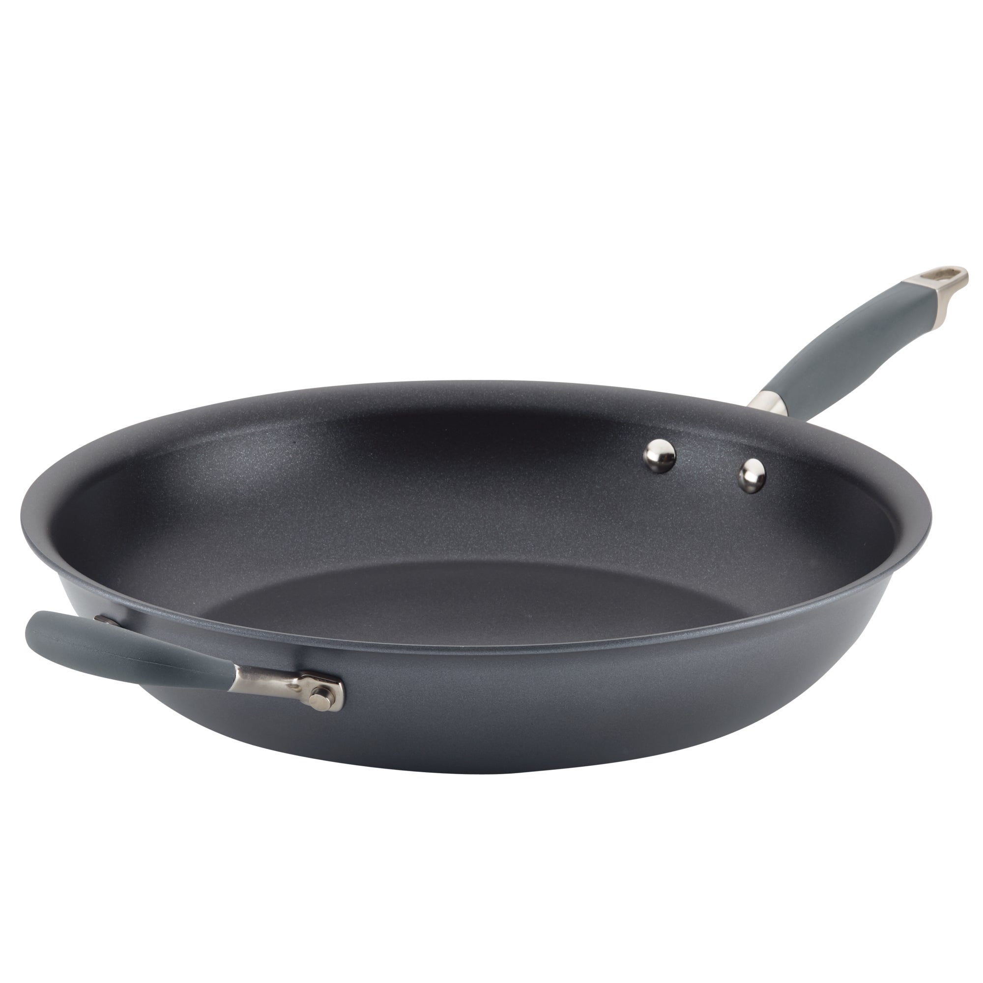 Non-stick frying pan with a dark gray finish, featuring a sleek design. It has a comfortable gray handle and an additional helper handle for easier lifting and maneuvering. The pan is set against a white background.