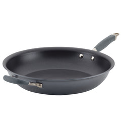 The Advanced Home 14.5-Inch Open Skillet with Helper Handle is a gray frying pan crafted from hard-anodized aluminum. It features a long handle and a side grip, both accented with rubberized gray details. The skillet boasts excellent nonstick performance, with sturdy metal rivets securing the handles.