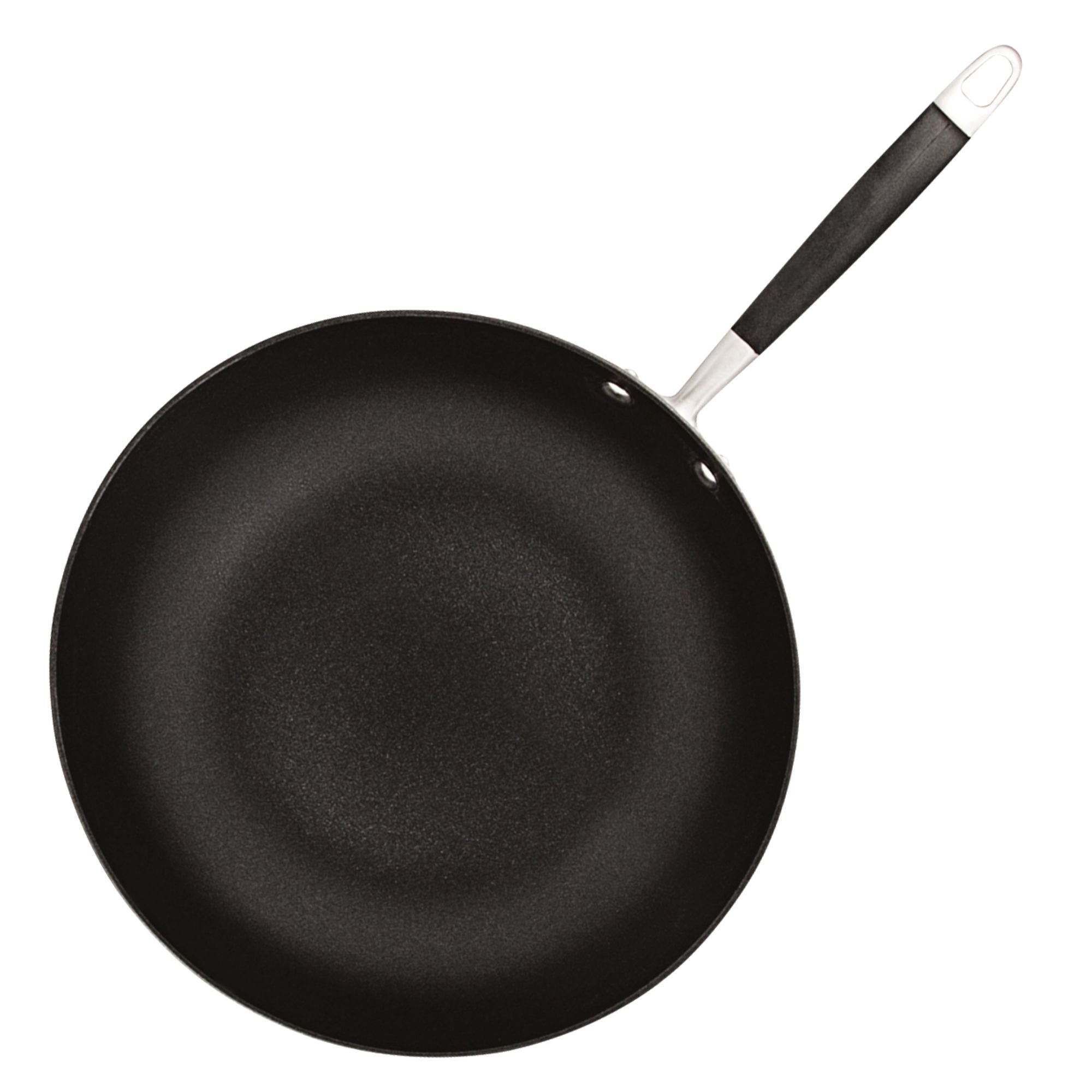 A black non-stick frying pan with a silver and black handle, viewed from above against a white background.