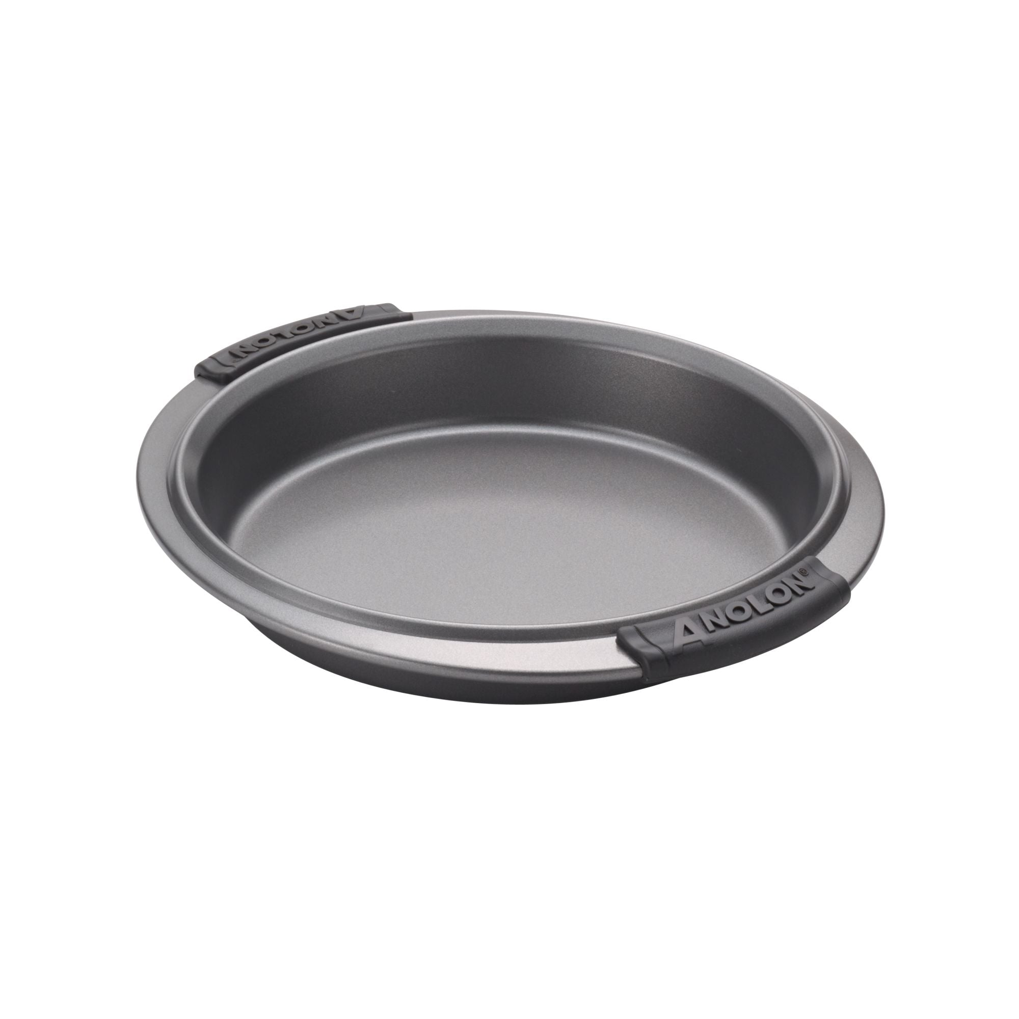 A round, non-stick metal baking pan with black silicone handles on each side. The word Anolon is embossed on the handles. The pan is placed against a plain white background.