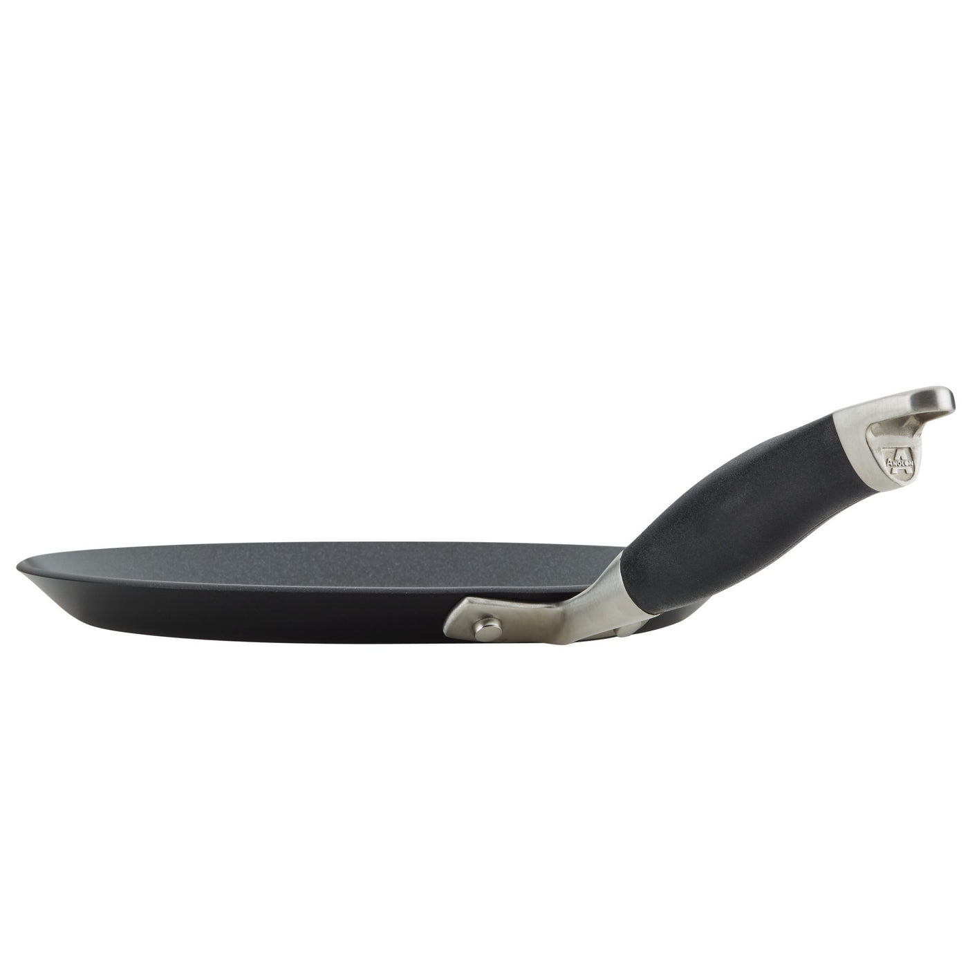 A black non-stick frying pan with a sleek metallic handle is shown from the side. The pan features a slightly raised edge, suitable for cooking various dishes. The handle has a comfortable grip and is attached securely with rivets.