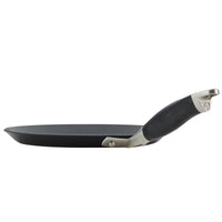 A black non-stick frying pan with a sleek metallic handle is shown from the side. The pan features a slightly raised edge, suitable for cooking various dishes. The handle has a comfortable grip and is attached securely with rivets.