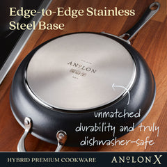 A close-up of the Anolon X 10-Inch and 12-Inch Hybrid Nonstick Frying Pan Set features its edge-to-edge stainless steel base, ideal for induction cooking. The text emphasizes durability, dishwasher safety, and the pans sleek design on a wooden surface.