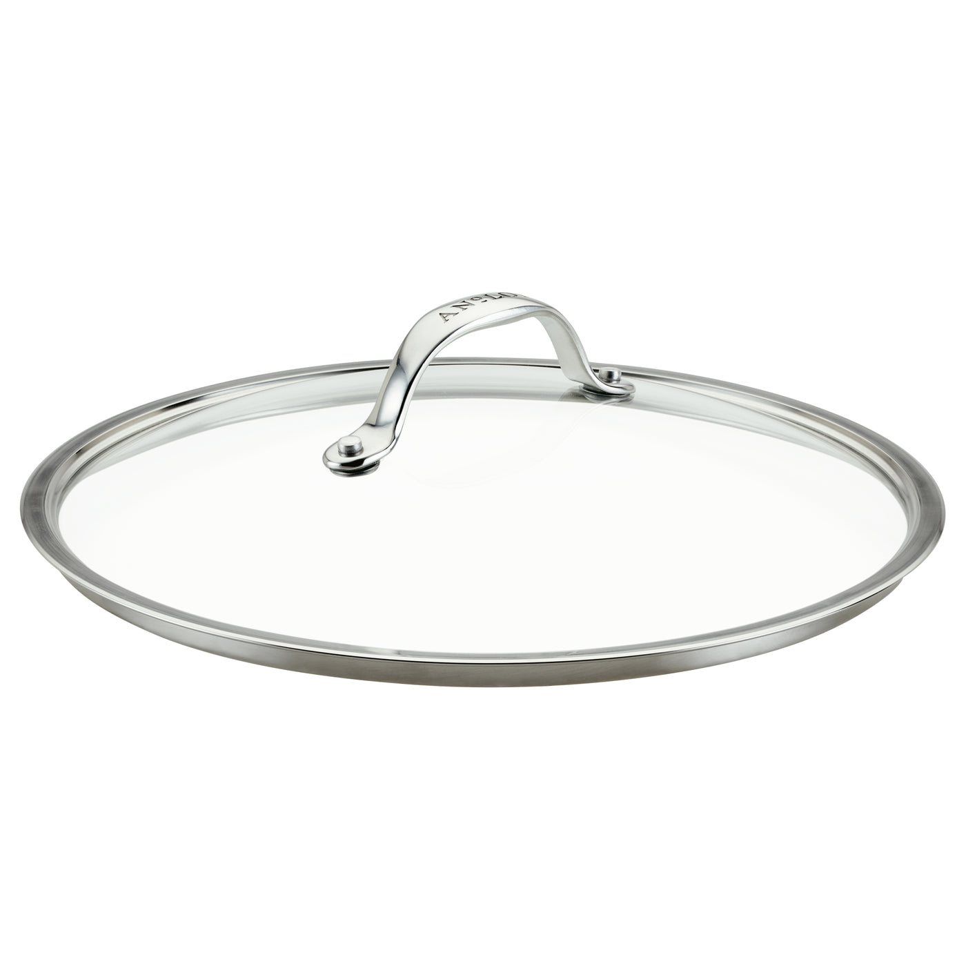 The 12-Inch Anolon X Glass Replacement Lid by Anolon X features stainless steel with a tempered glass lid, a curved handle, and a reflective metal rim. Its clear glass allows visibility into the pot, while its flat surface highlights its minimalist and functional design.