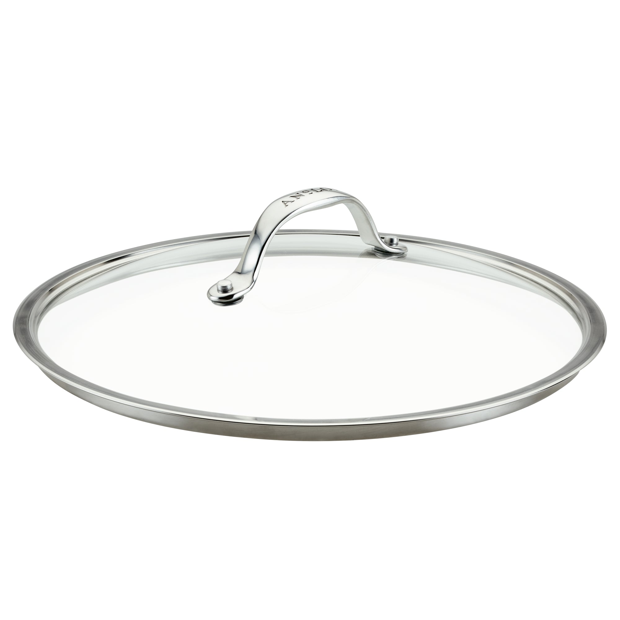 The 12-Inch Anolon X Glass Replacement Lid by Anolon X features stainless steel with a tempered glass lid, a curved handle, and a reflective metal rim. Its clear glass allows visibility into the pot, while its flat surface highlights its minimalist and functional design.