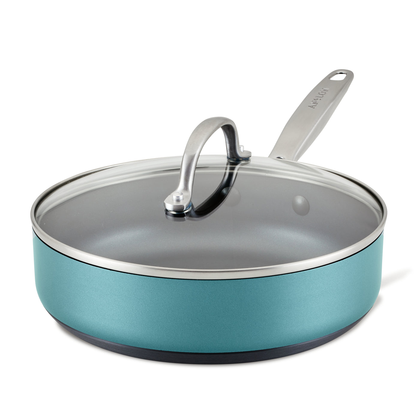 A teal nonstick frying pan with a glass lid and a stainless steel handle is shown against a plain white background.