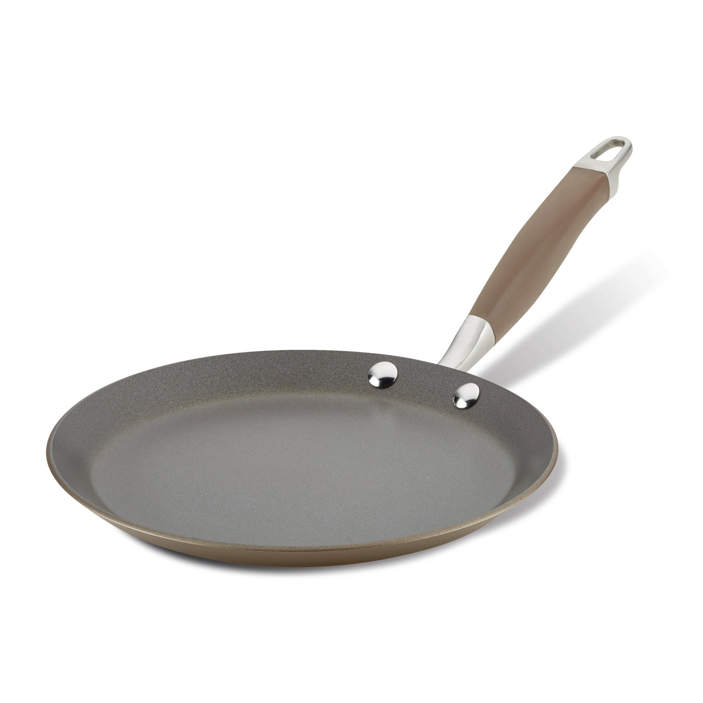 A non-stick frying pan with a smooth, gray surface and a brown handle. The pan has a metal loop at the end of the handle for hanging. The pan is shown on a white background.
