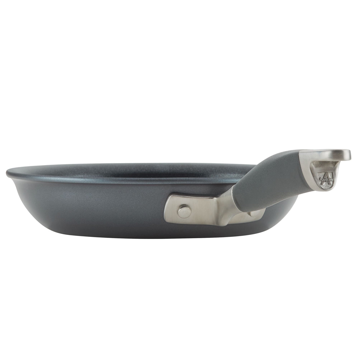 A non-stick frying pan with a polished silver handle, shown from the side, set against a plain white background. The pan has a deep, smooth interior and a slightly curved rim.