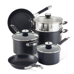 Introducing the SmartStack 9-Piece Cookware Set, featuring nonstick surfaces and efficient space-saving design. This set includes two saucepans with glass lids, a large pot with a lid, a multi-tiered steamer, and two frying pans. Each piece showcases sleek black exteriors paired with stainless steel handles for enhanced functionality and style in your kitchen.