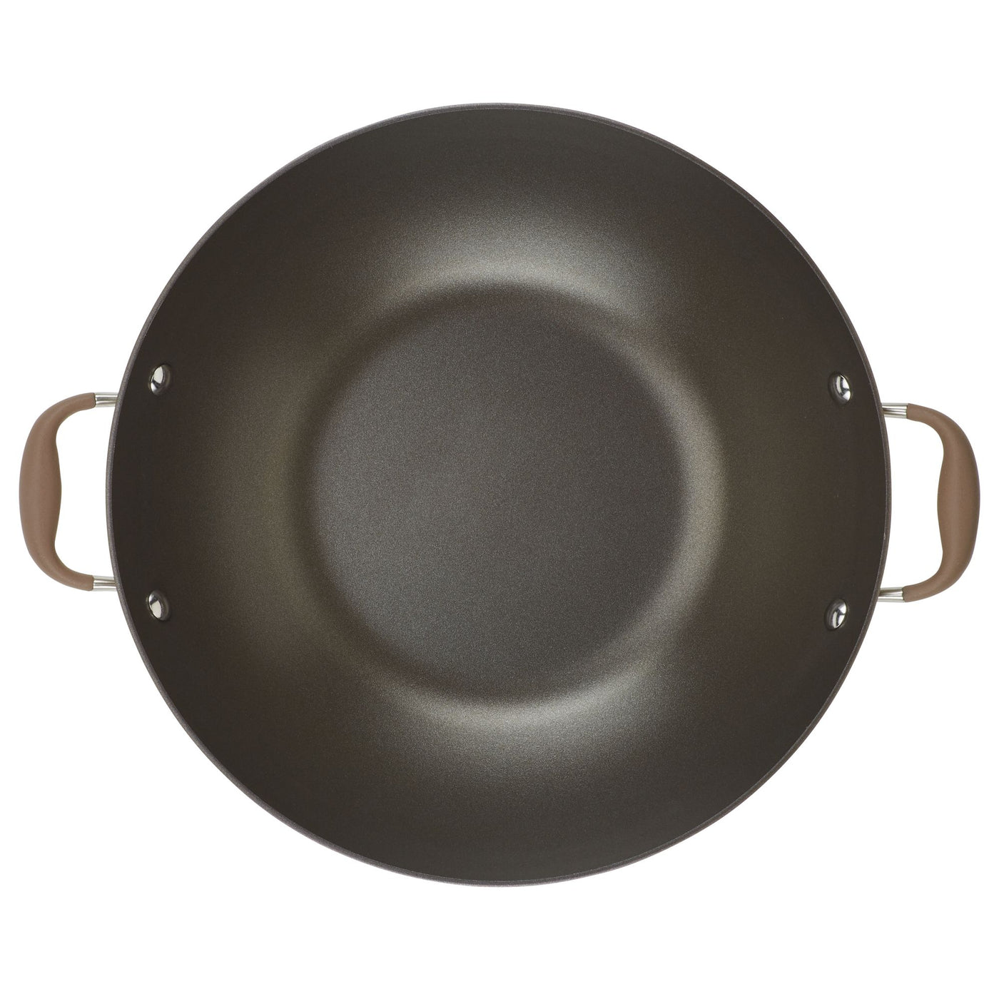 A large, non-stick pan with two brown handles is shown from a top-down perspective. The interior surface is smooth and dark, highlighting its spacious cooking area.