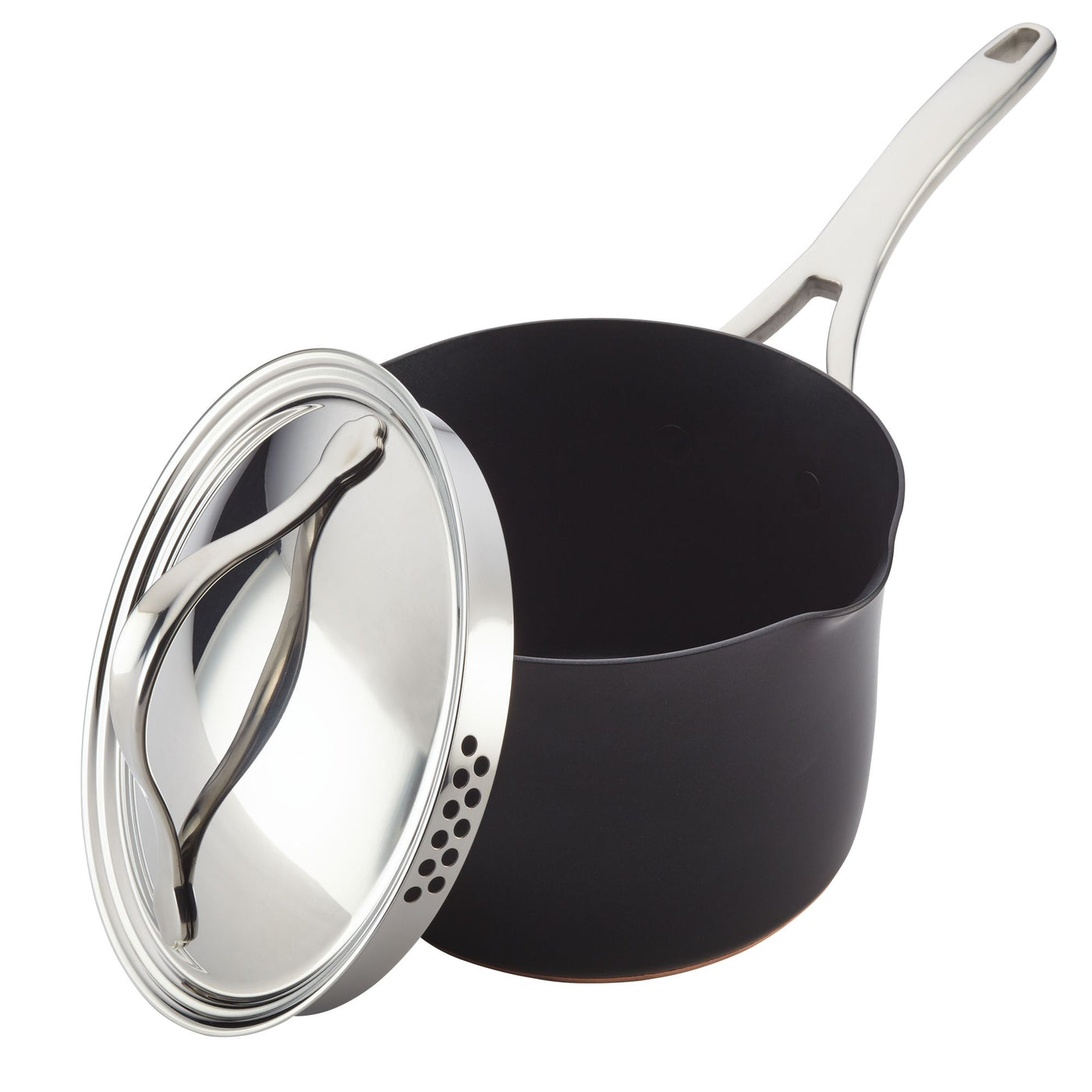 A black saucepan with a long handle and a shiny, stainless steel lid. The lid is partially open, revealing drainage holes. The pan has a sleek design and is set against a plain white background.