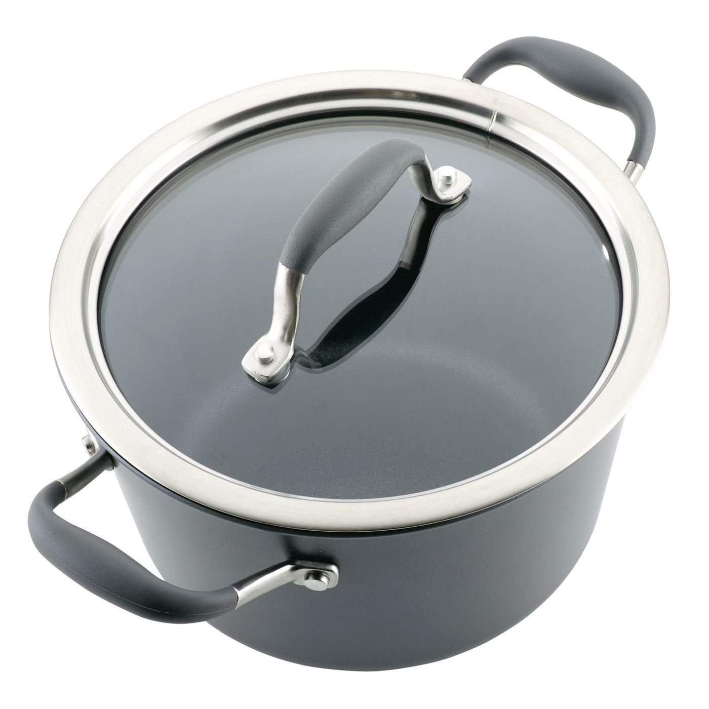 A black cooking pot with a glass lid and stainless steel rim is shown. The pot has two black side handles and a handle on the lid, all with a sleek, modern design.