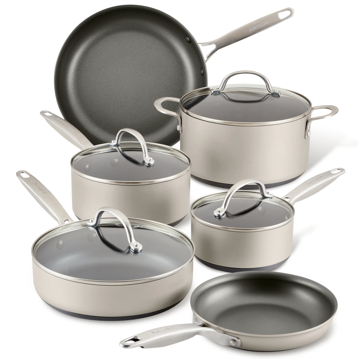 A collection of nonstick cookware, including pots and pans with glass lids, featuring a metallic finish and sleek handles. The set includes various sizes for versatile cooking needs.