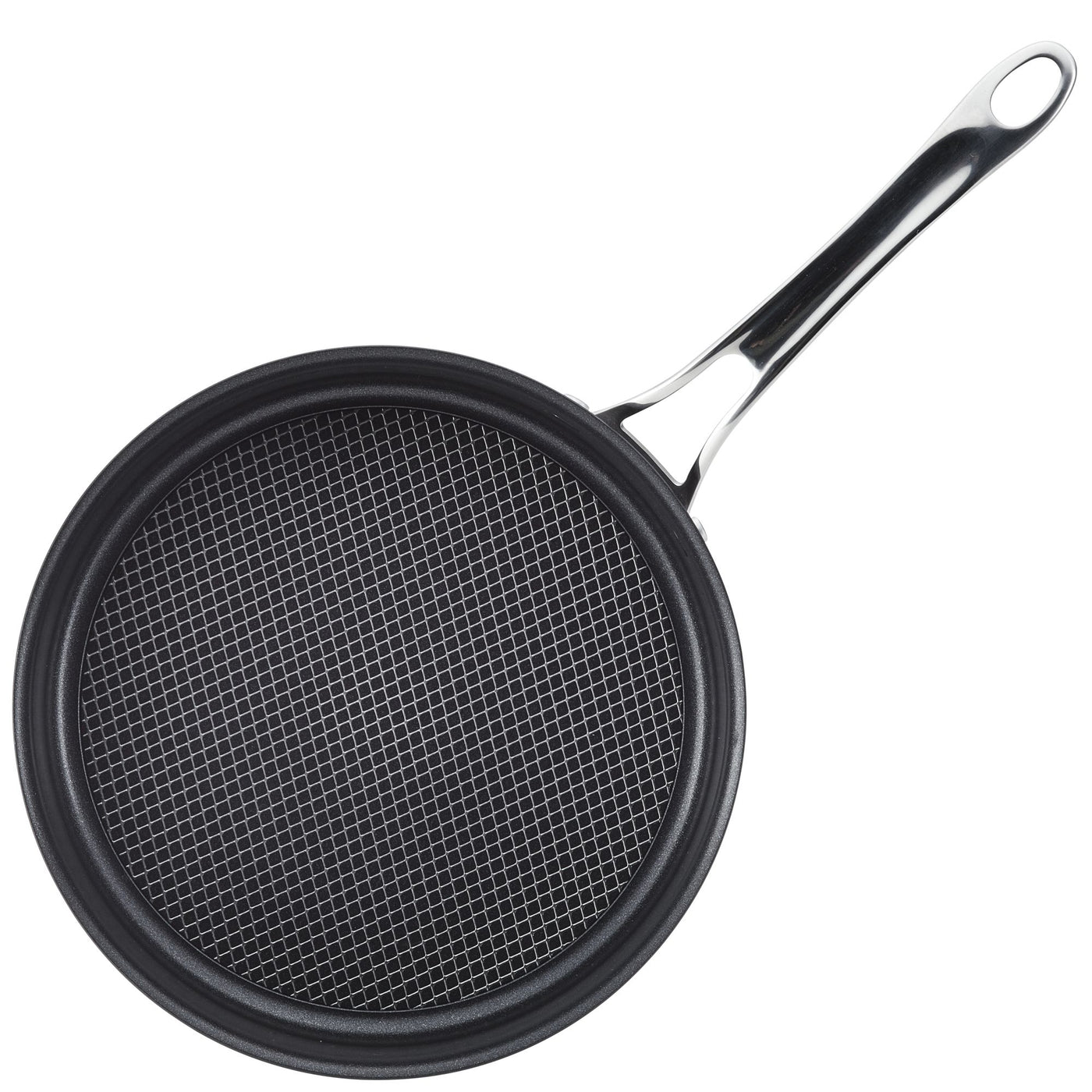 An overhead view shows a black Anolon X 3.5-Quart Hybrid Nonstick Induction Sauté Pan with Lid, featuring SearTech technology and a grid-like cooking surface. Its shiny metal handle has a hole for hanging, and its oven safe up to 500°F.