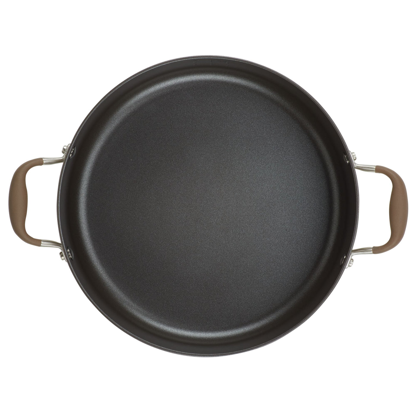 A top view of a non-stick frying pan with two brown handles, placed against a white background. The pan has a dark interior surface.