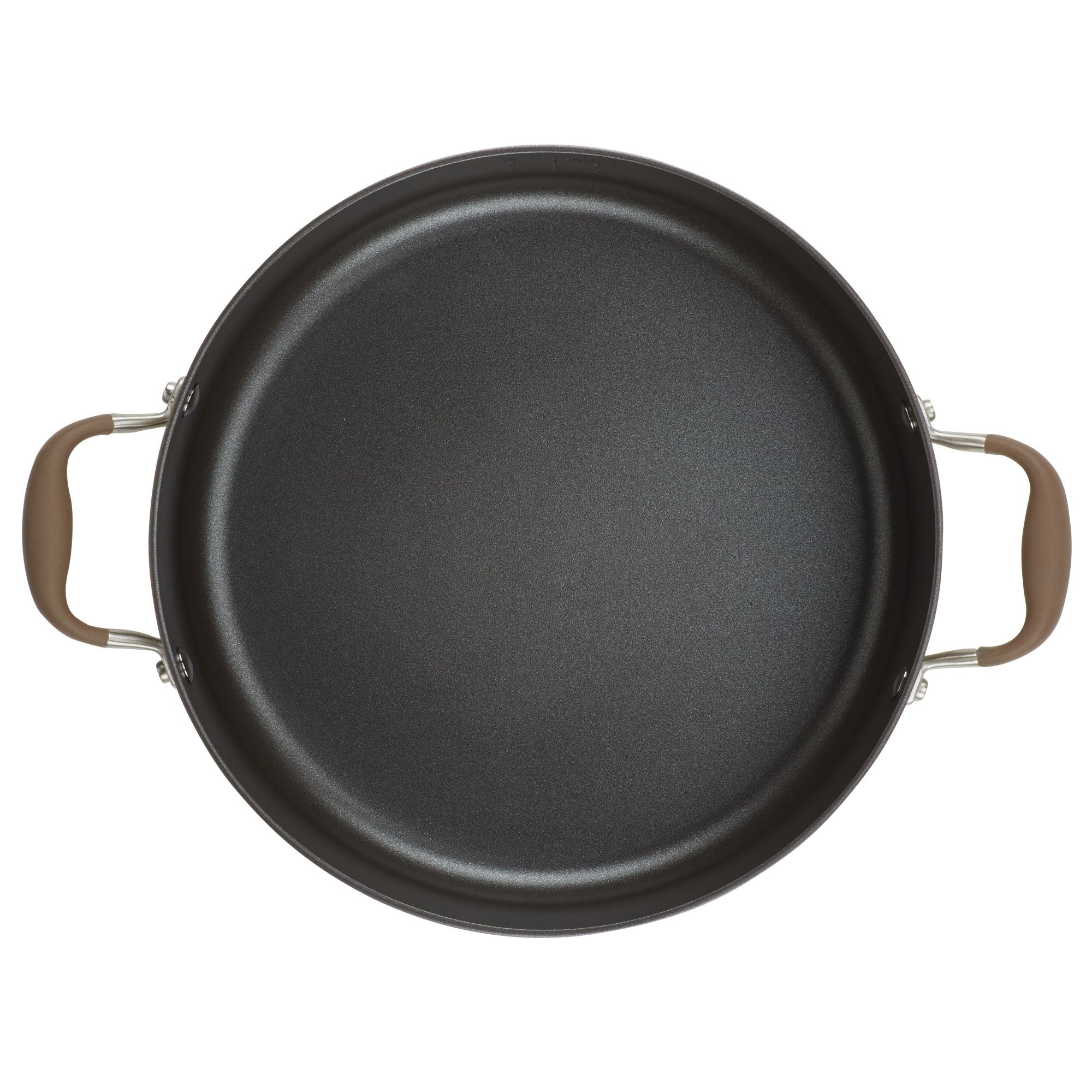 A top view of a non-stick frying pan with two brown handles, placed against a white background. The pan has a dark interior surface.