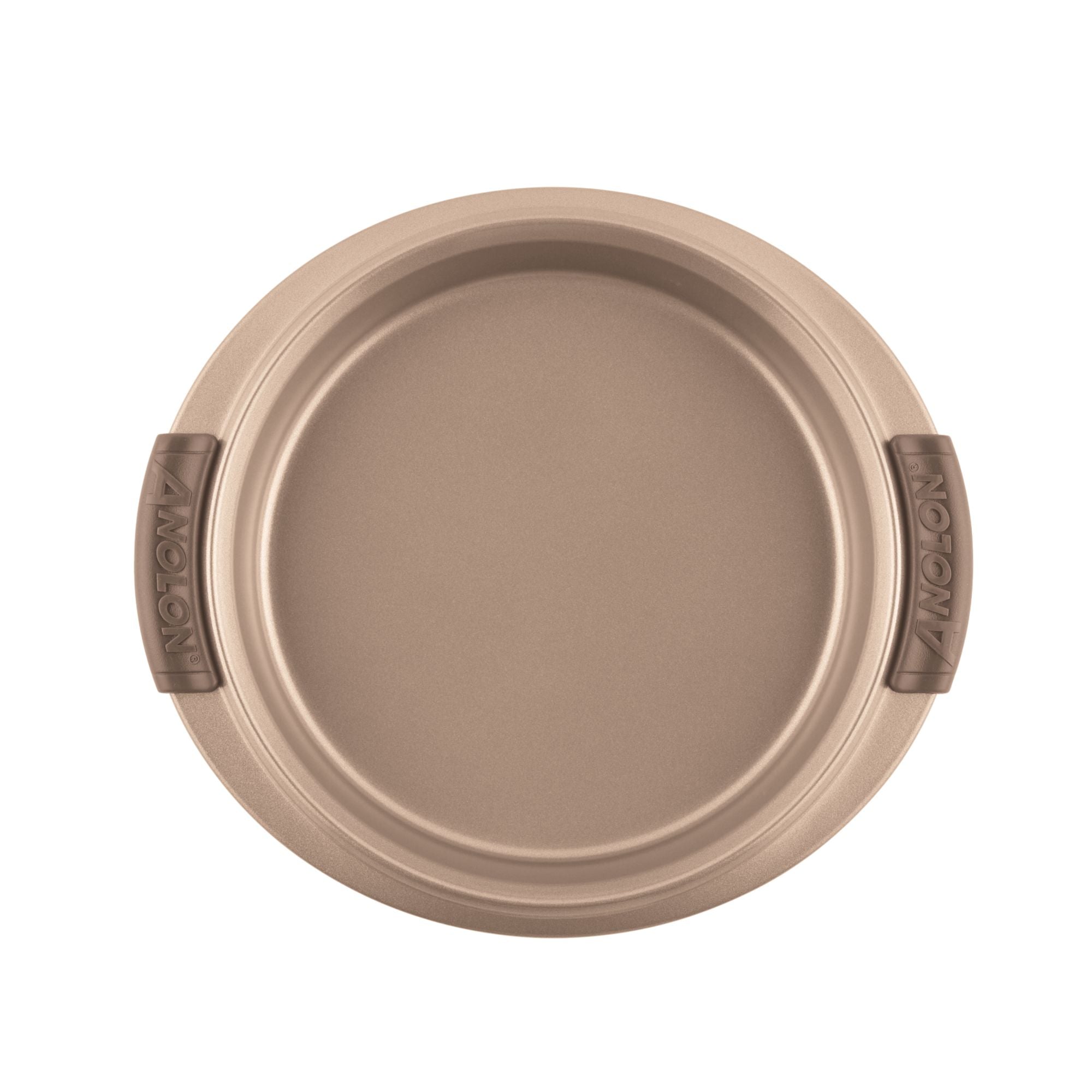 A non-stick, round cake pan with brown silicone grips on the handles. The pan has a smooth, golden surface, suitable for baking.