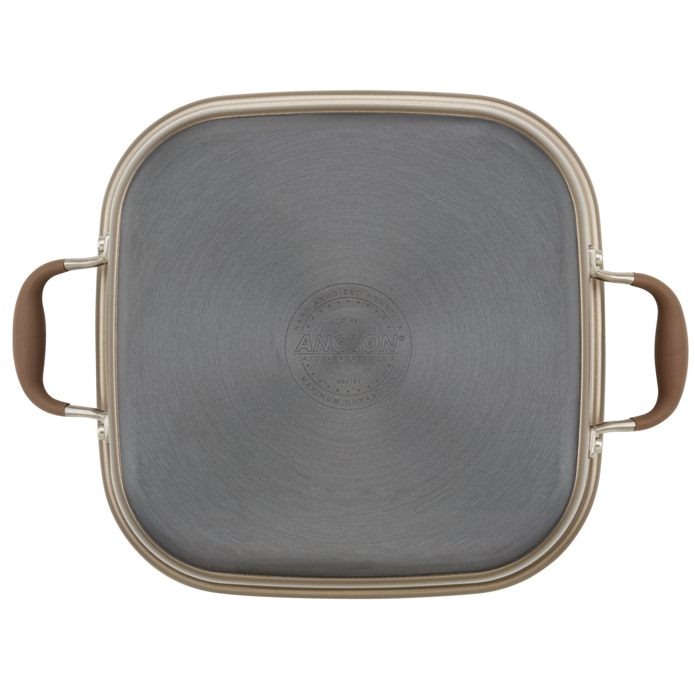 Square gray cooking pot lid with rounded edges, featuring a central embossed logo. Two brown handles are attached on opposite sides. The lid appears to be made of metal and has a shiny, smooth surface.