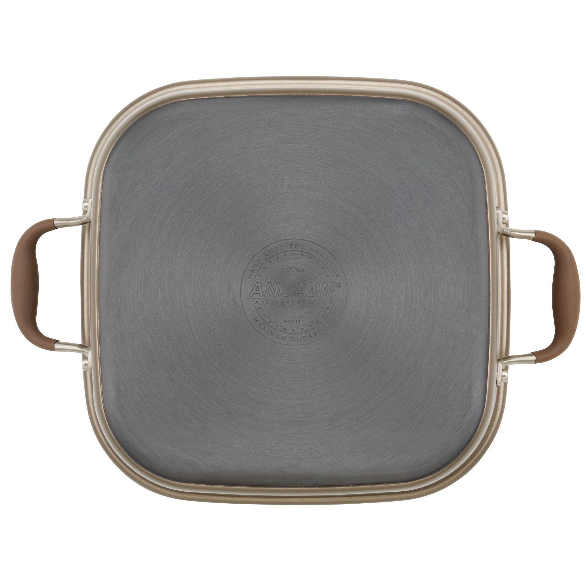 Square gray cooking pot lid with rounded edges, featuring a central embossed logo. Two brown handles are attached on opposite sides. The lid appears to be made of metal and has a shiny, smooth surface.