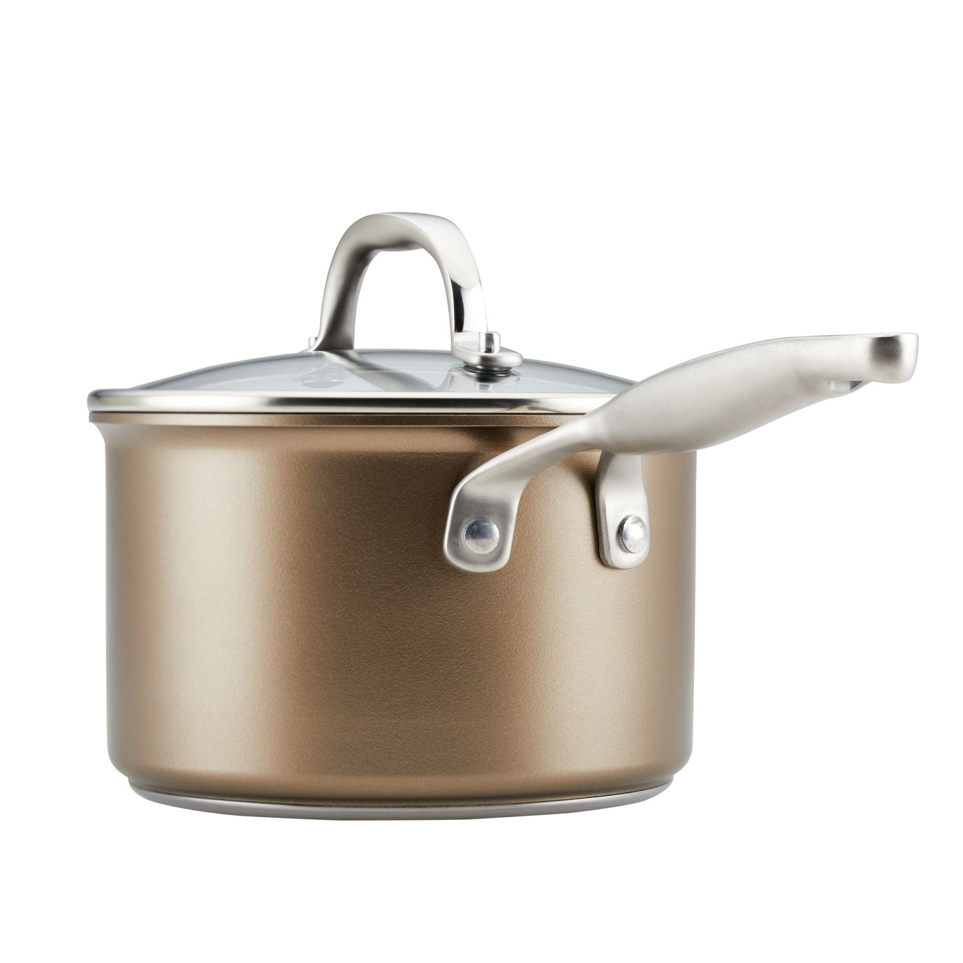 A metallic saucepan with a lid and a long handle, designed for cooking. The pot has a sleek, bronze finish and is positioned against a plain white background.
