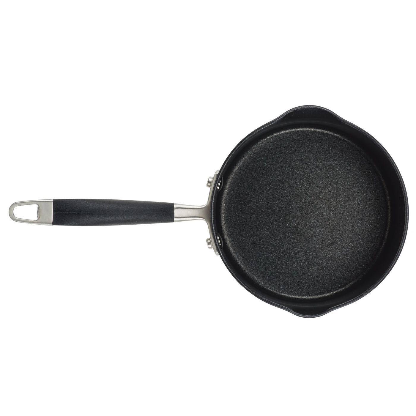 A black nonstick saucepan with a long handle and a metal loop for hanging, viewed from above.