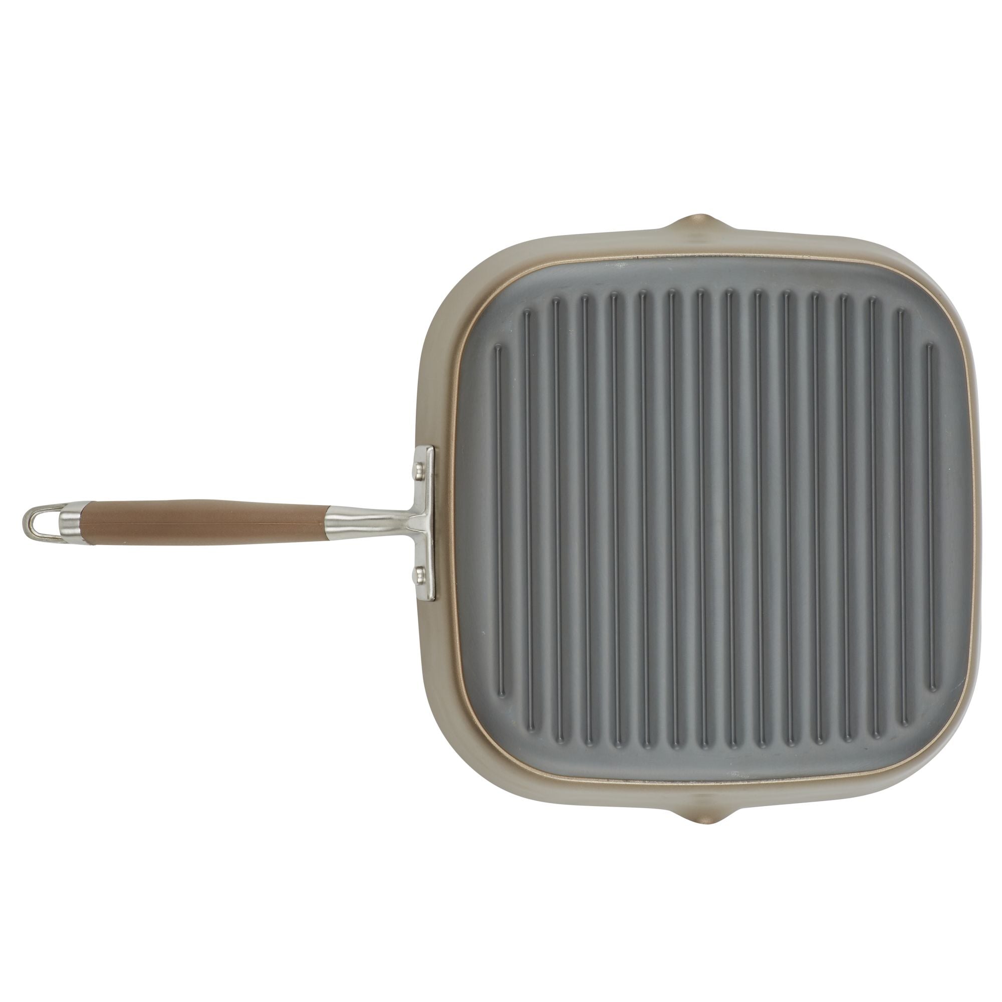 A square grill pan with a ribbed surface and a long, brown handle. The pan is gray, and the handle has a metallic connection to the pan. The design is modern and minimalistic.