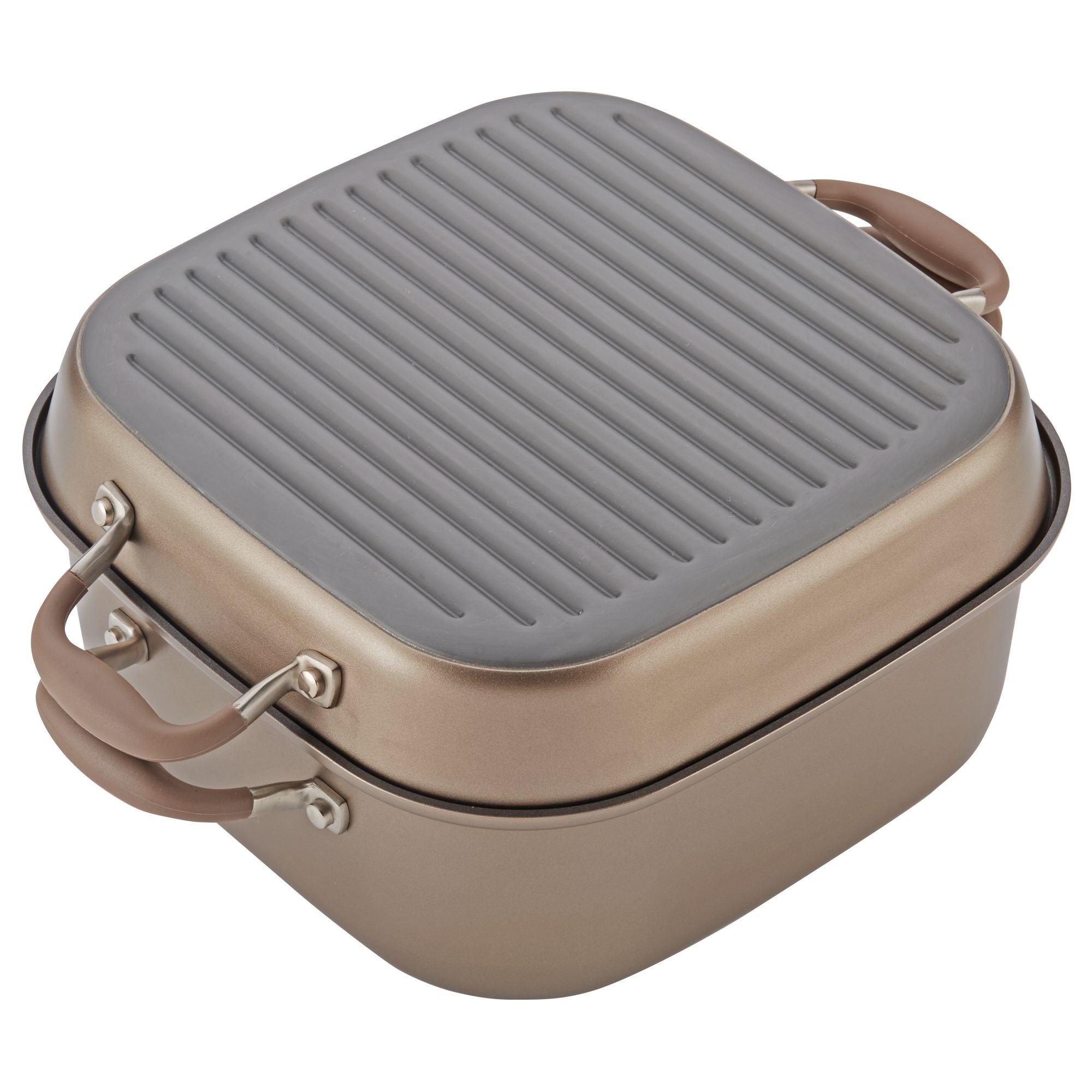 A square, bronze-colored pan with a grill lid, featuring two light brown handles. The lid has a ridged surface, suggesting its designed for grilling. The pan appears sturdy and portable, ideal for kitchen use.