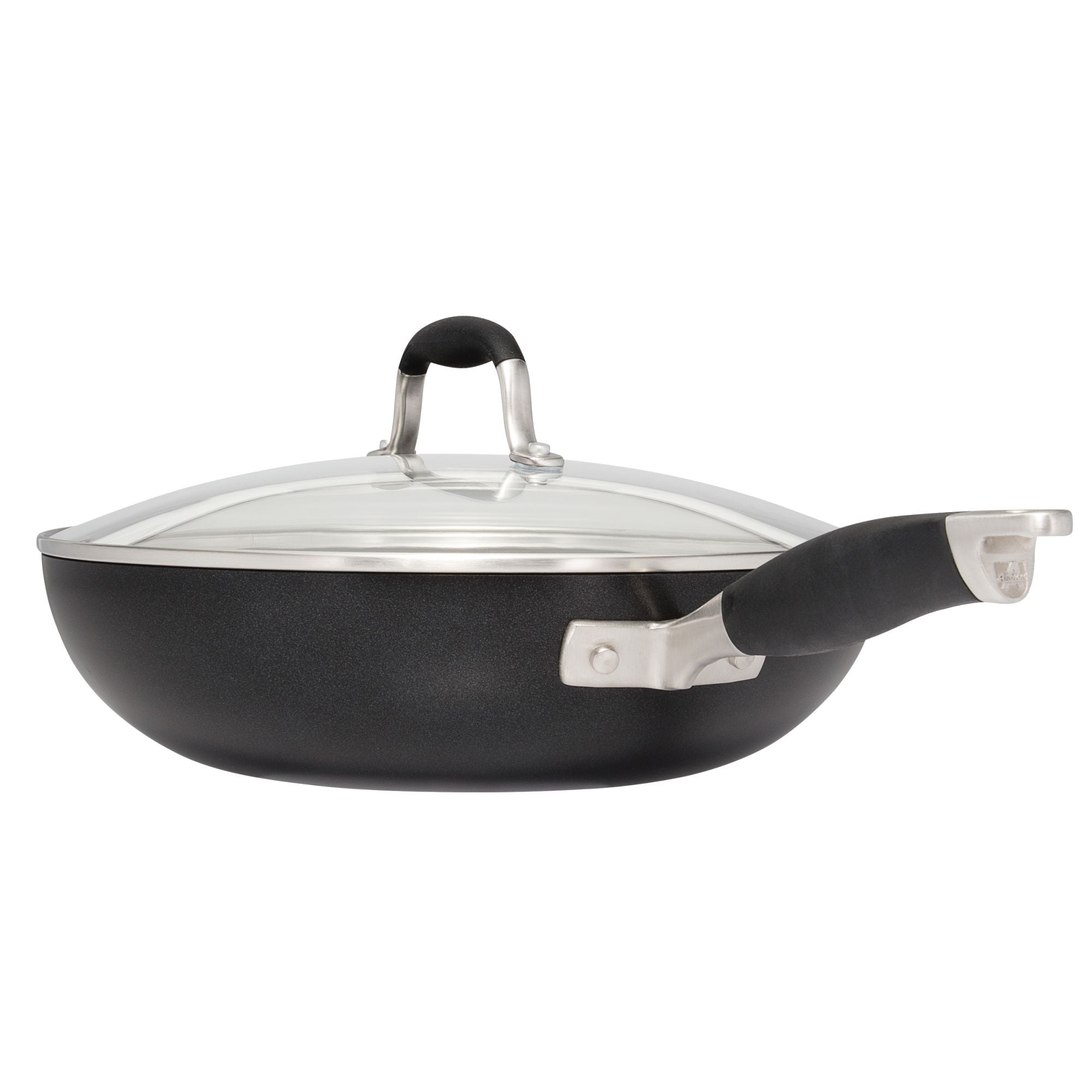 A black, nonstick frying pan with a glass lid and a black handle. The pan has a deep design and a stainless steel rim around the lid. The handle has a rubber grip for comfortable holding.