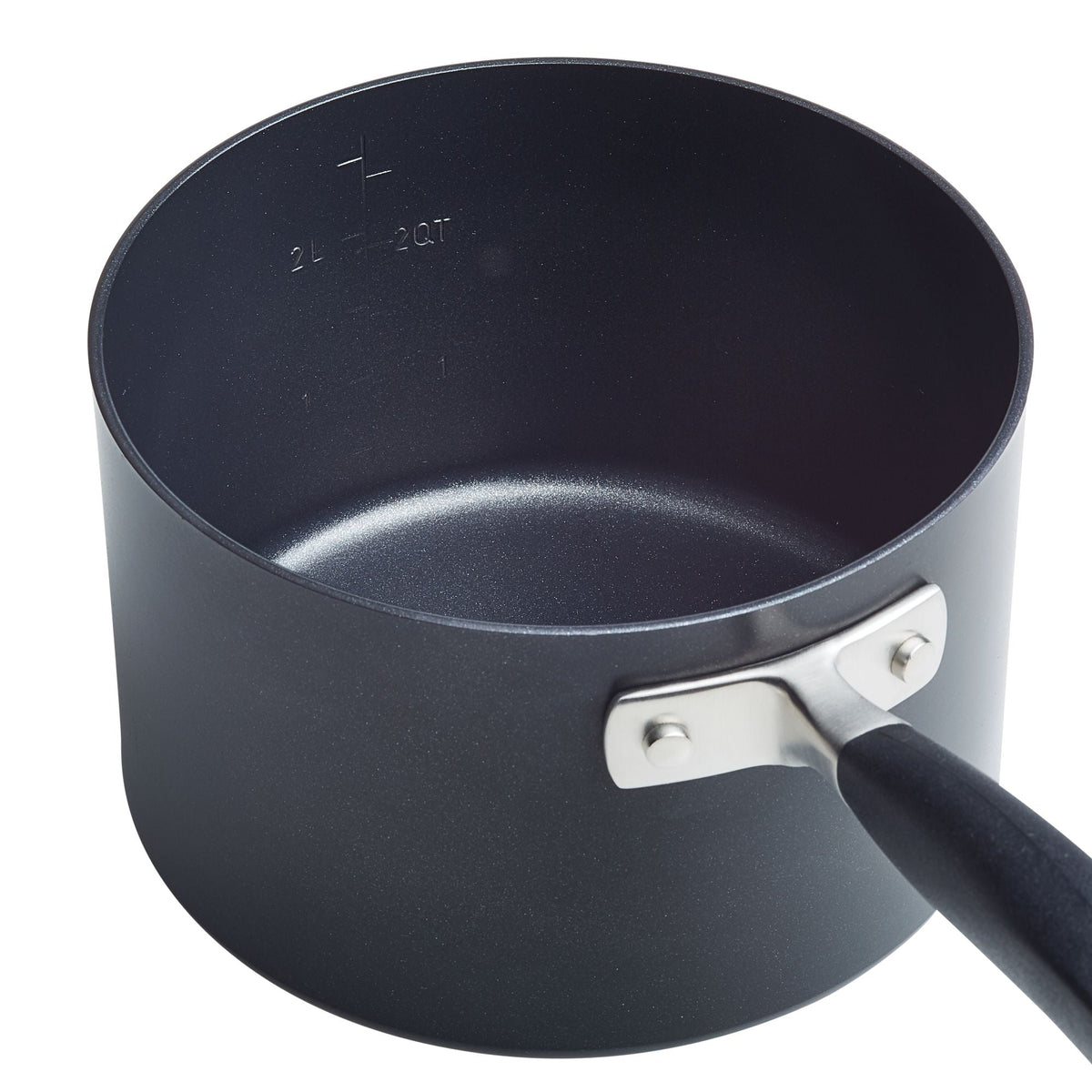A black non-stick saucepan with a metal handle, viewed from above. The interior has measurement markings indicating 2 liters and 2 quarts.