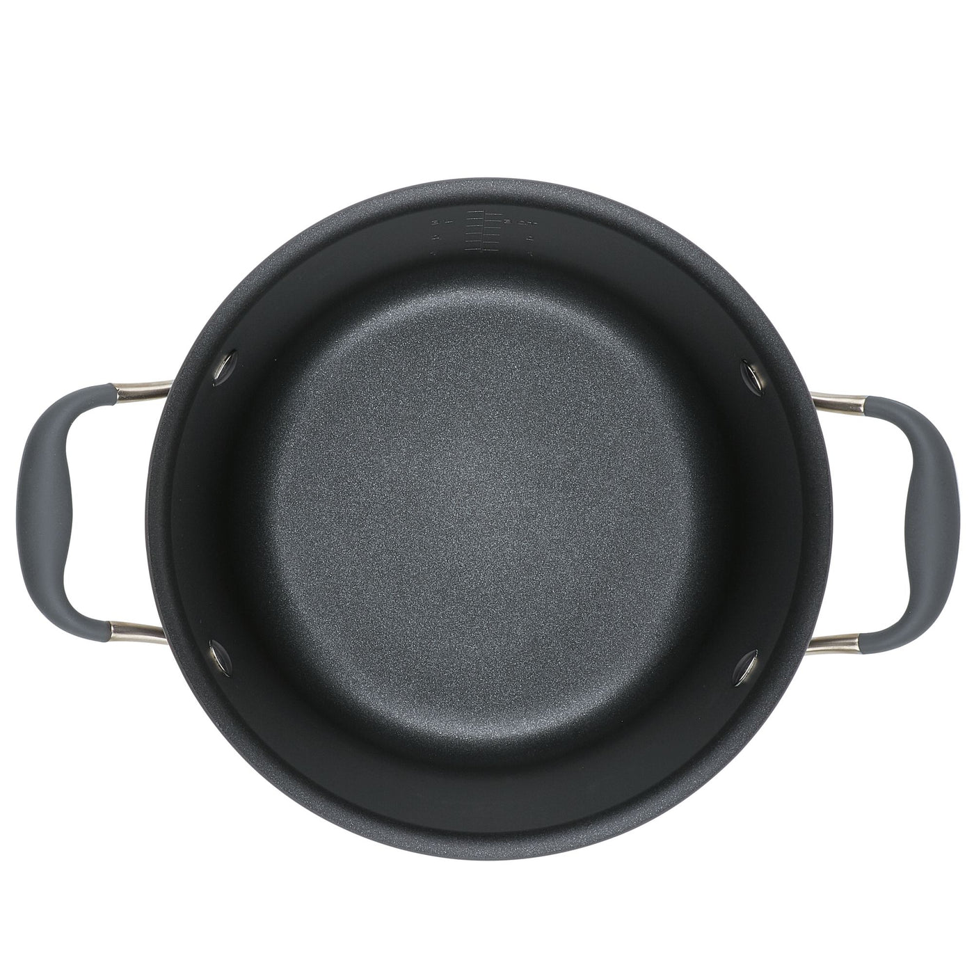 An overhead view of a black non-stick pot with two gray handles on either side. The pot has a smooth, textured interior and a simple, round shape against a white background.