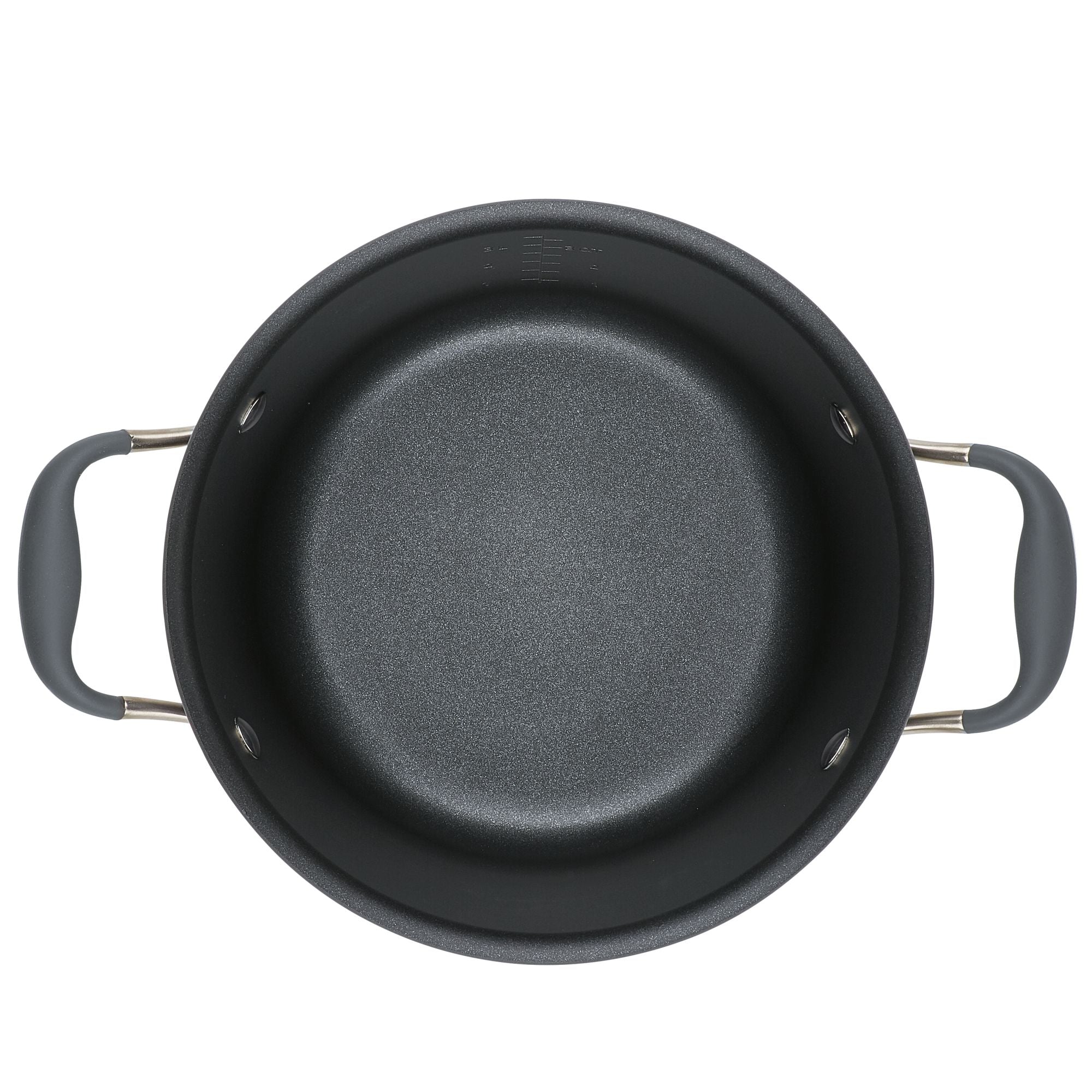 An overhead view of a black non-stick pot with two gray handles on either side. The pot has a smooth, textured interior and a simple, round shape against a white background.
