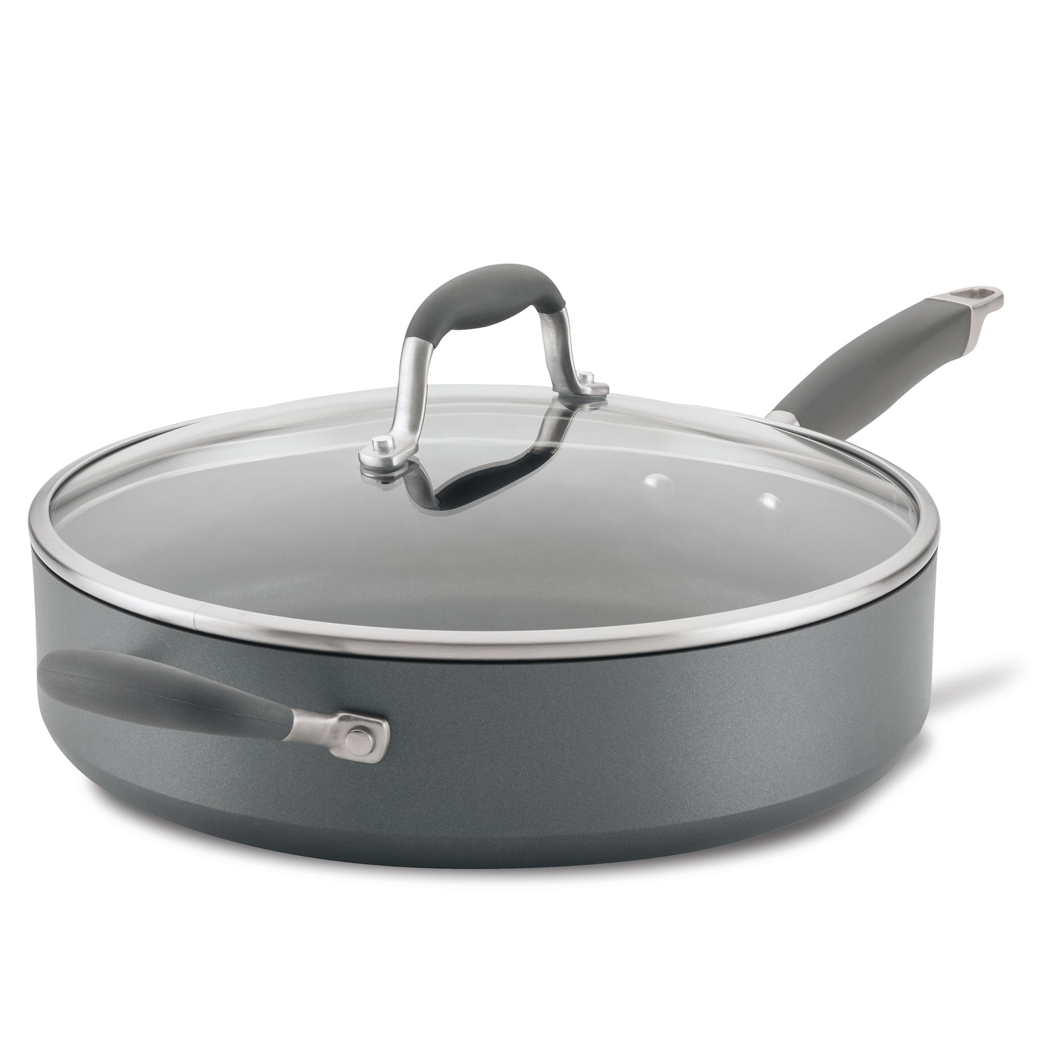 A nonstick saucepan with a glass lid and dual gray handles, one on each side. The pan is a medium size with a matte finish, and the lid has a matching gray handle. The design is modern and functional.