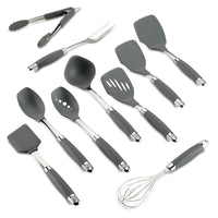 A set of gray kitchen utensils, including tongs, a meat fork, a ladle, a slotted spoon, two spatulas, a solid spoon, a flat spatula, a turner, and a whisk, all with stainless steel and gray handles, arranged on a white background.