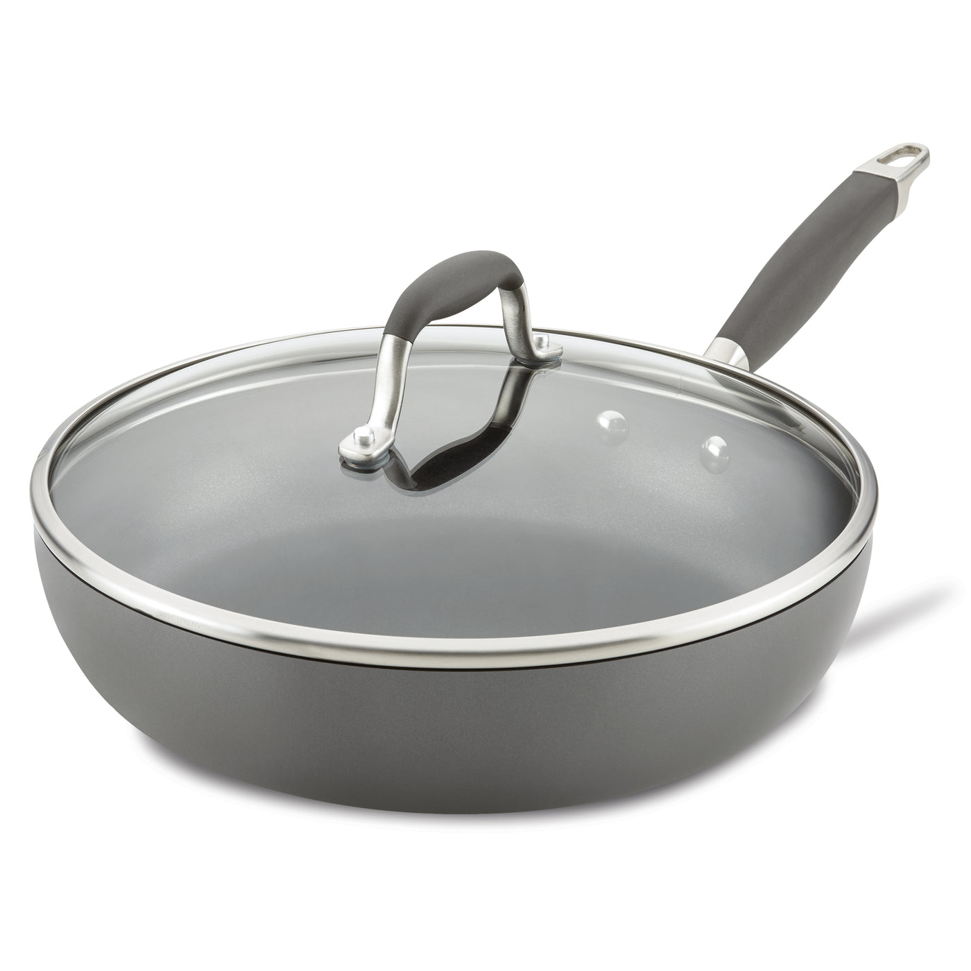 A non-stick gray frying pan with a glass lid, featuring a brushed metal rim and a gray handle. The lid has a matching gray handle with silver accents. The pan has a sleek, modern design.