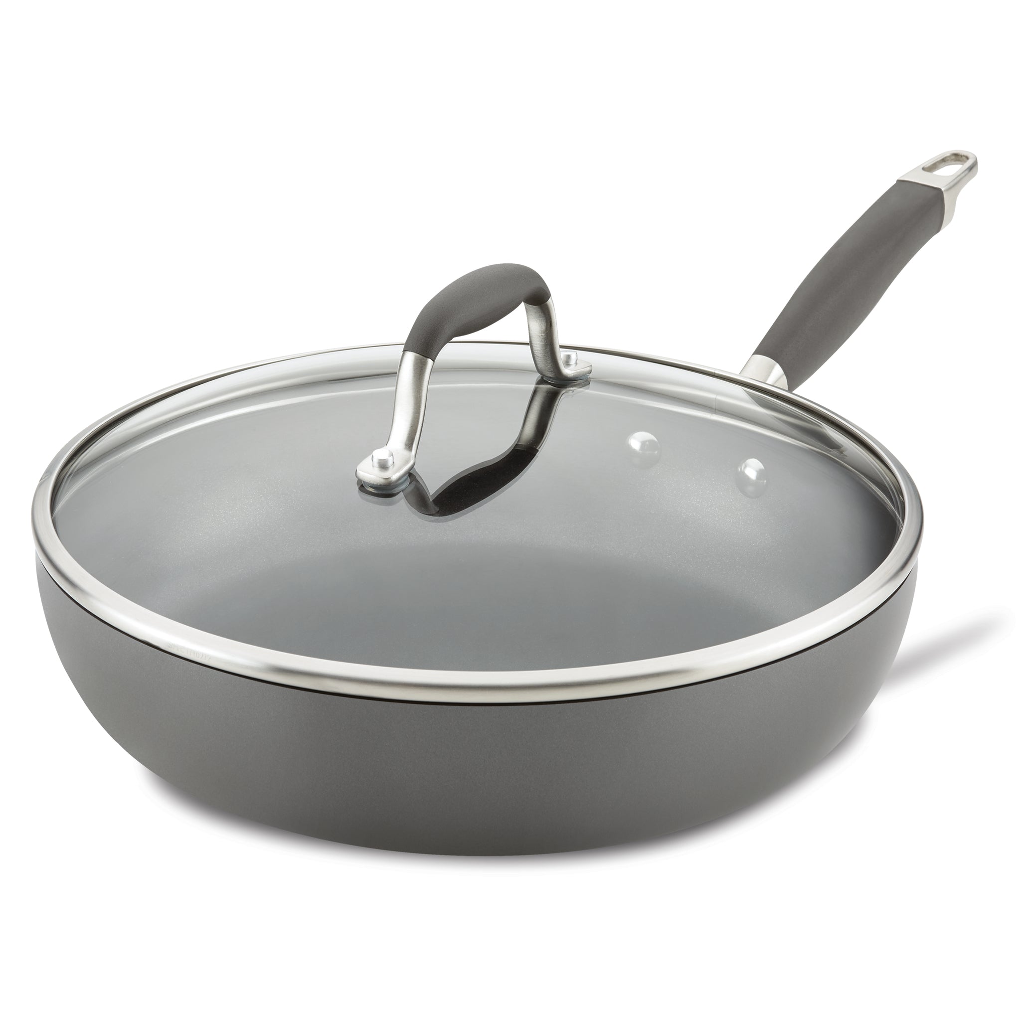 A non-stick gray frying pan with a glass lid, featuring a brushed metal rim and a gray handle. The lid has a matching gray handle with silver accents. The pan has a sleek, modern design.