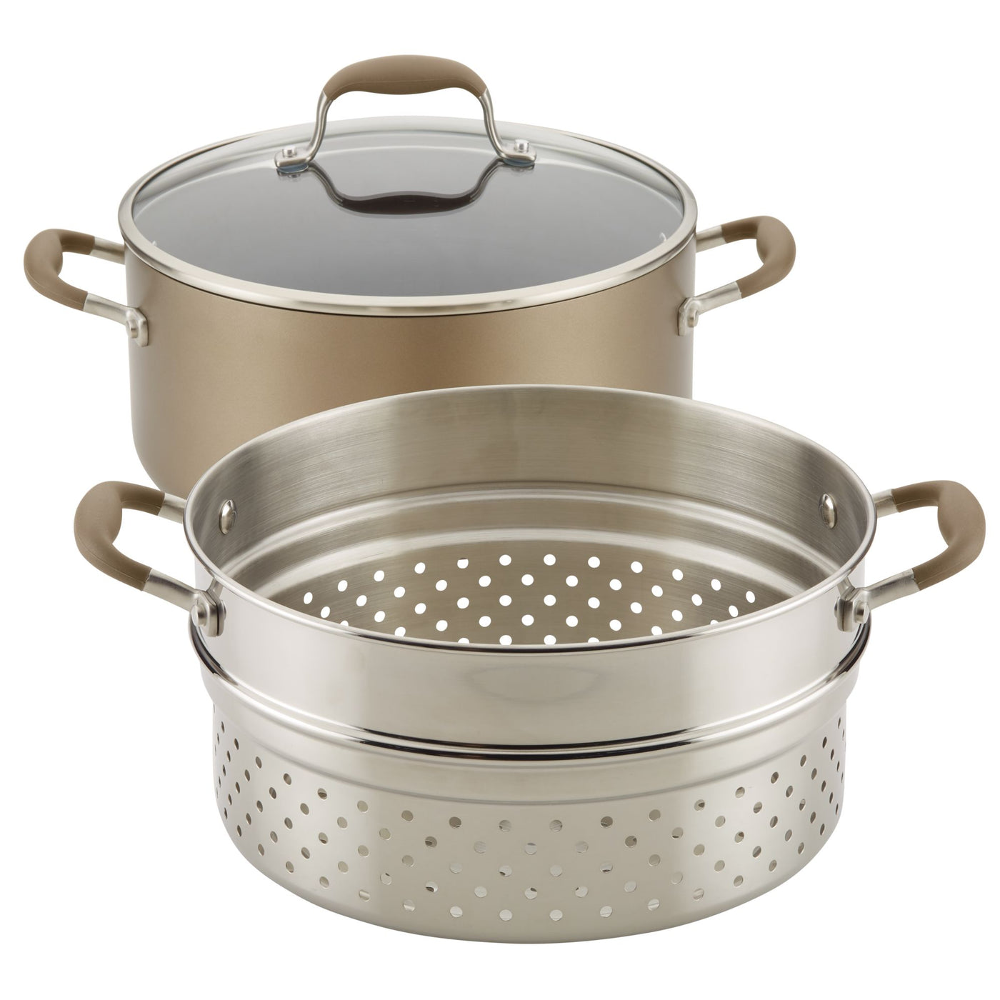 A three-piece cookware set featuring a large pot with a glass lid and soft handles, accompanied by a metal steamer insert with perforated sides and matching handles. The items are designed for versatile cooking.