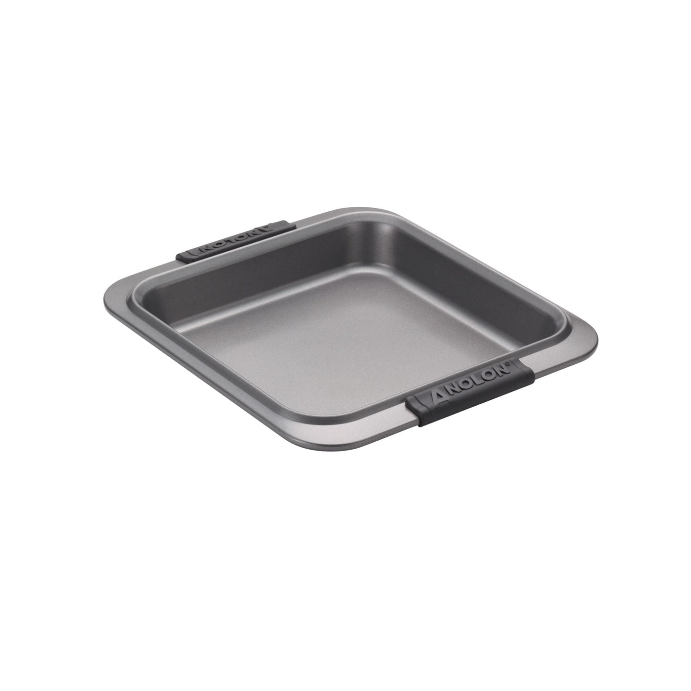 A square gray baking pan with black silicone handles on two sides, placed on a white background. The pan has a shallow depth and a smooth surface, suitable for baking.