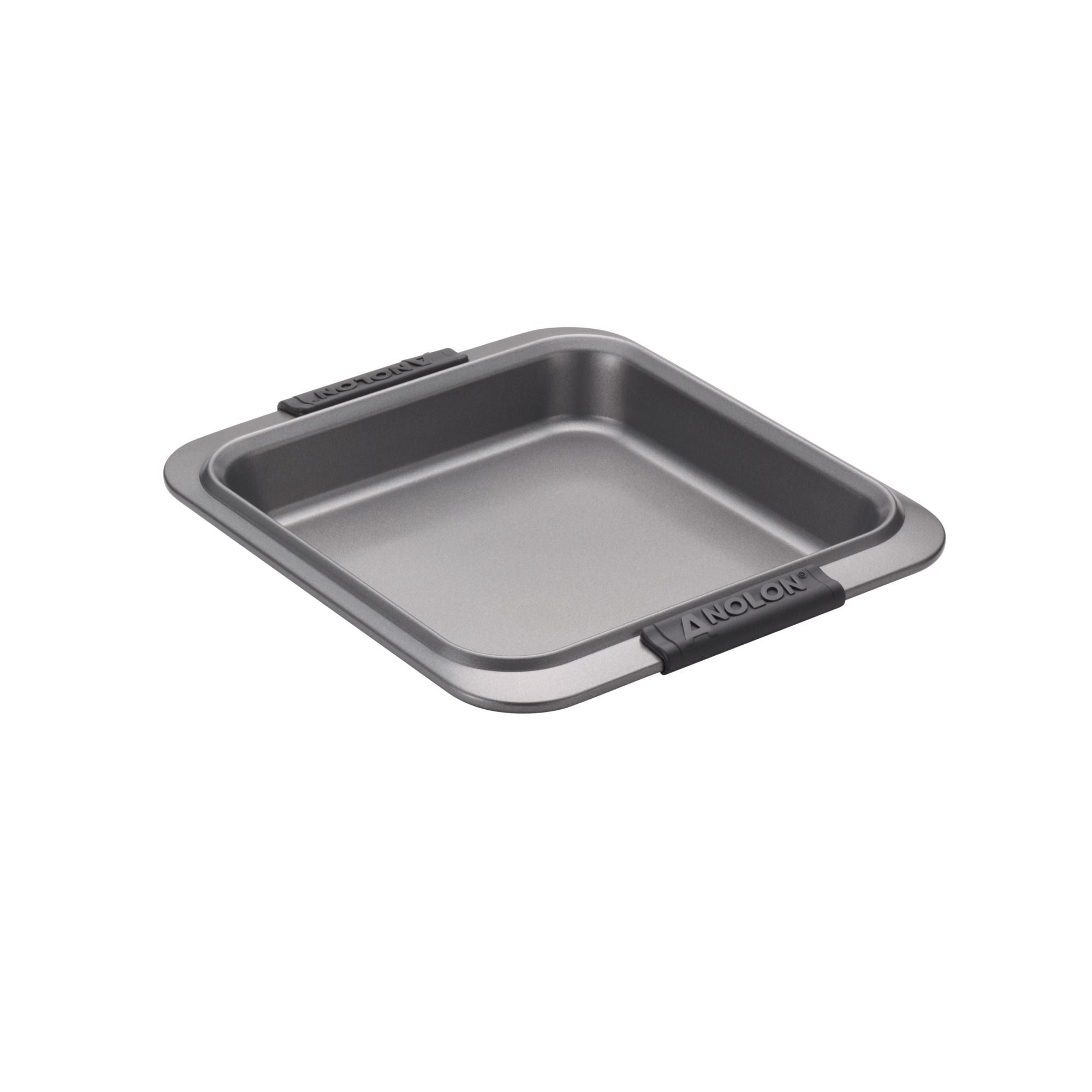 A square gray baking pan with black silicone handles on two sides, placed on a white background. The pan has a shallow depth and a smooth surface, suitable for baking.