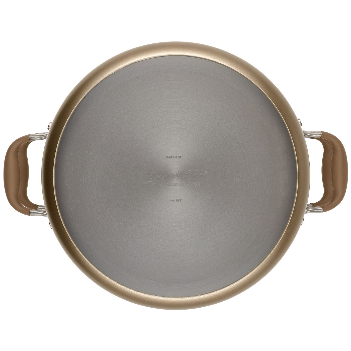 A top view of a round, stainless steel pot with tan handles on either side. The pot has a metallic finish and appears clean and unused, placed against a plain white background.