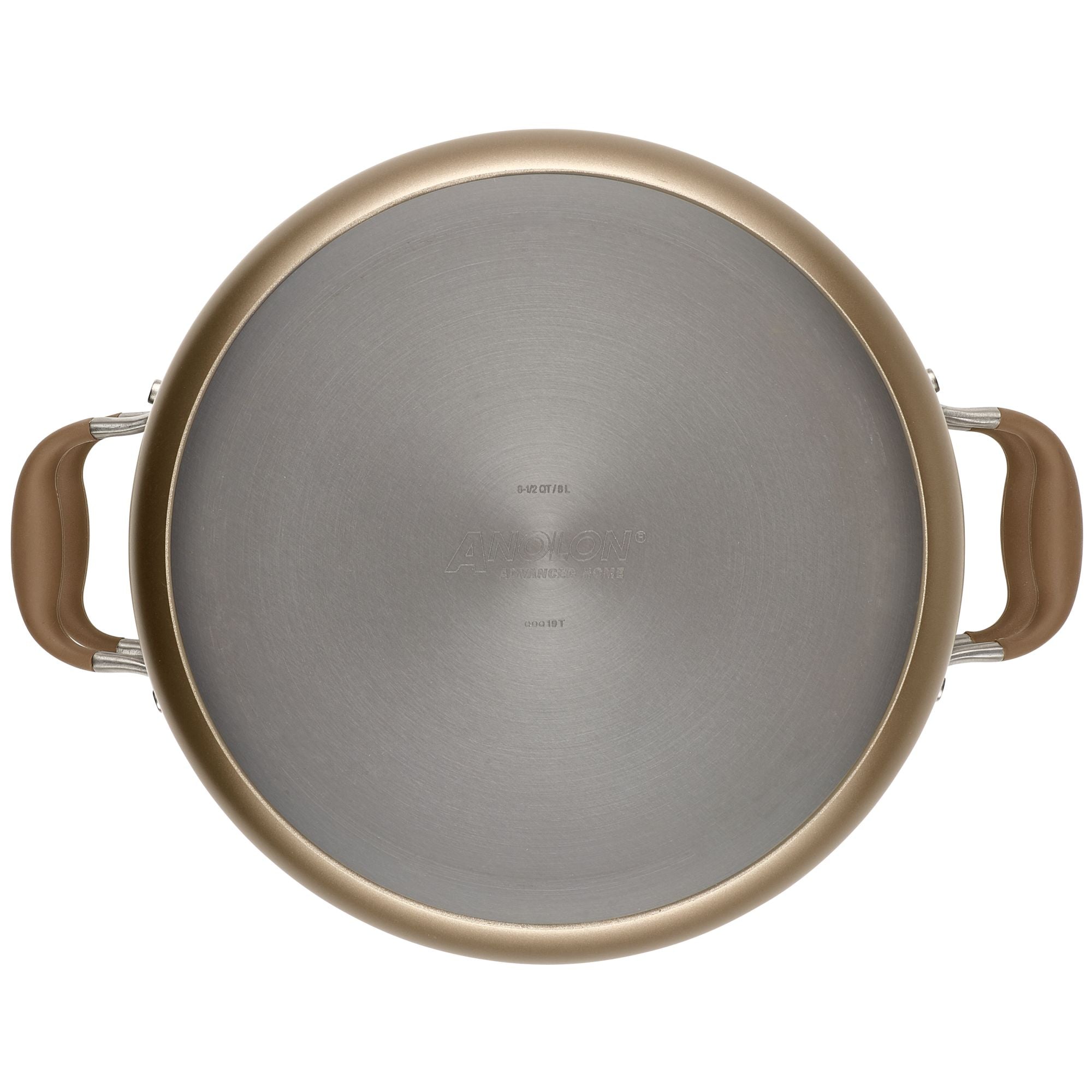 A top view of a round, stainless steel pot with tan handles on either side. The pot has a metallic finish and appears clean and unused, placed against a plain white background.