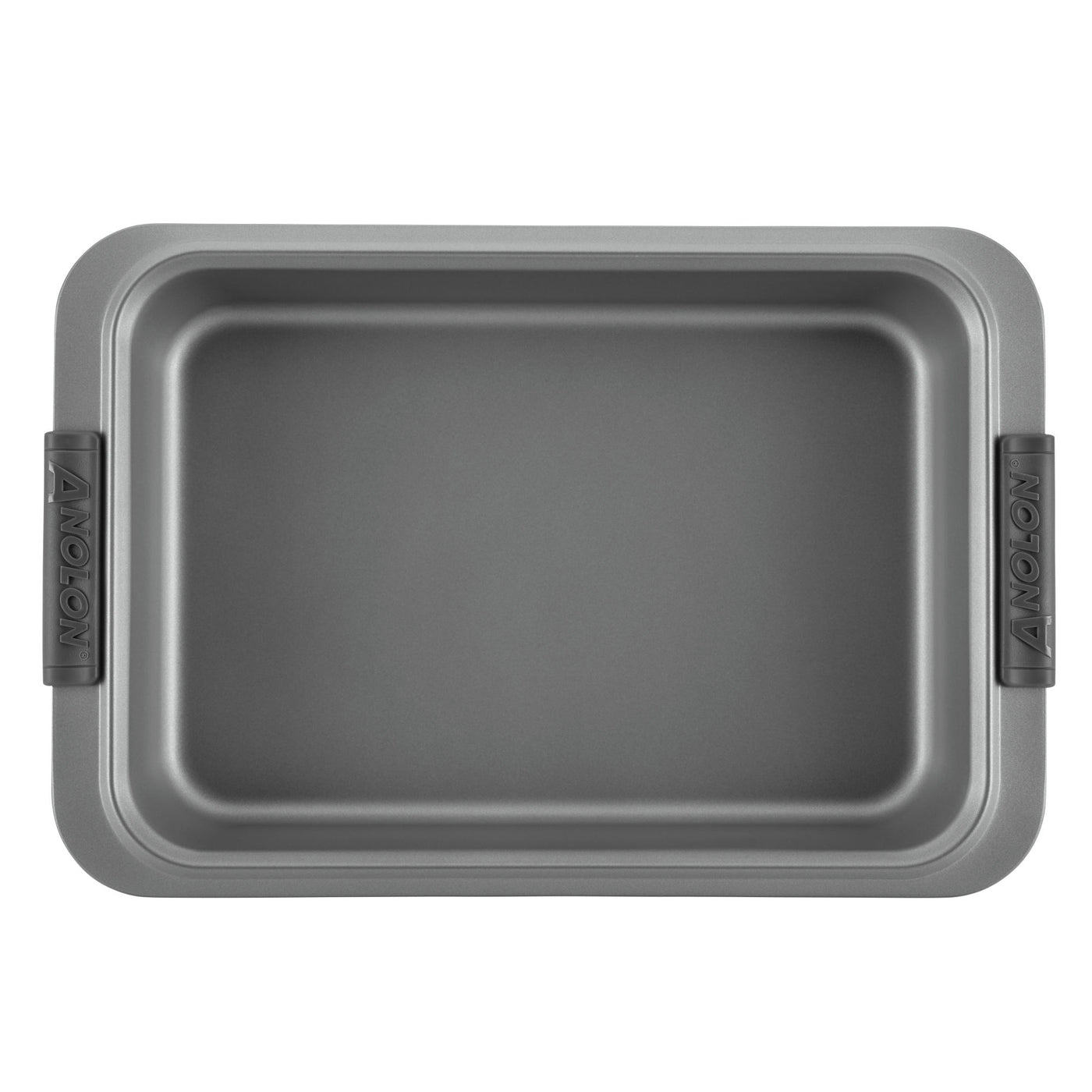 A non-stick rectangular baking pan with handles is shown from above. The surface is smooth and gray, with the brand name Anolon on the handles.