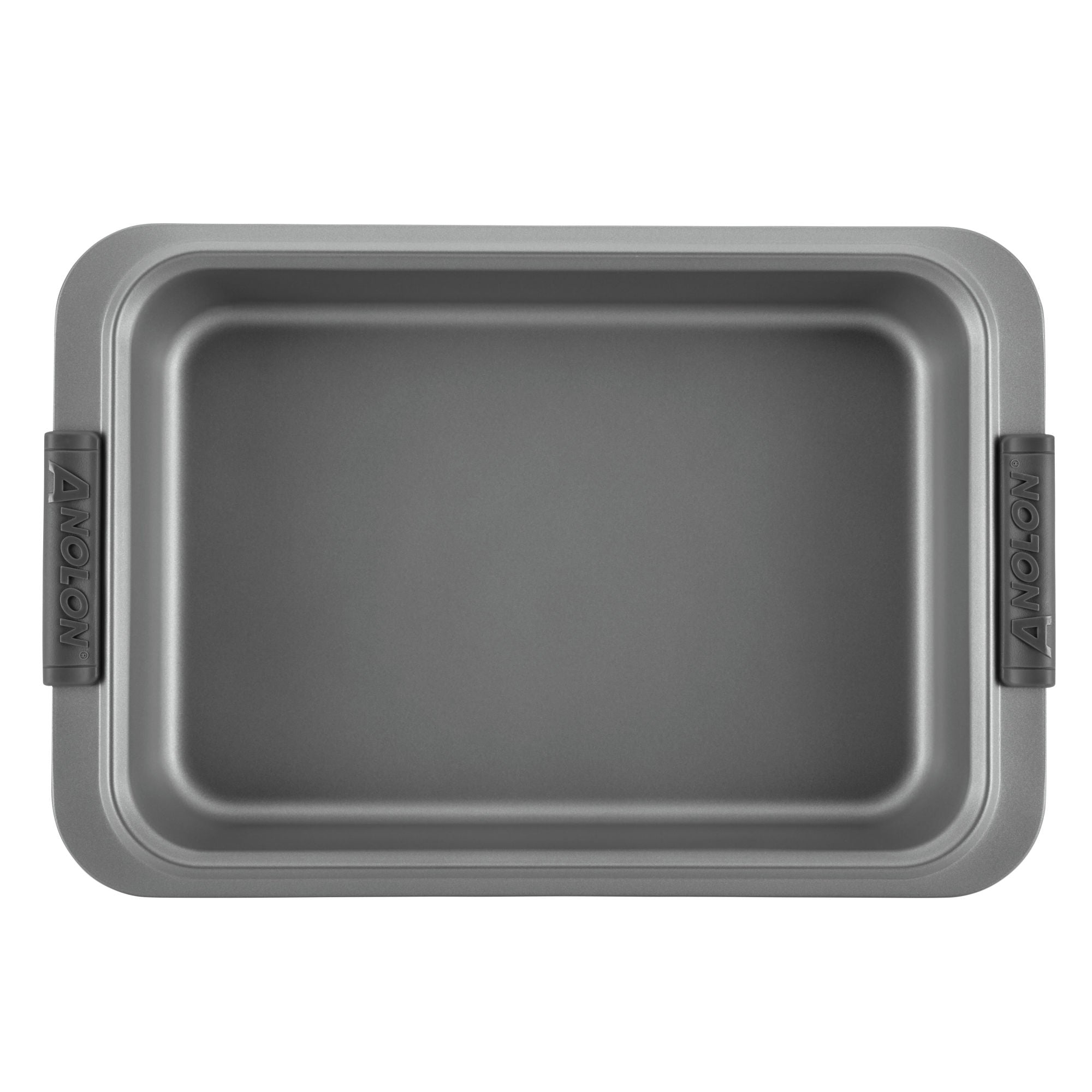 A non-stick rectangular baking pan with handles is shown from above. The surface is smooth and gray, with the brand name Anolon on the handles.