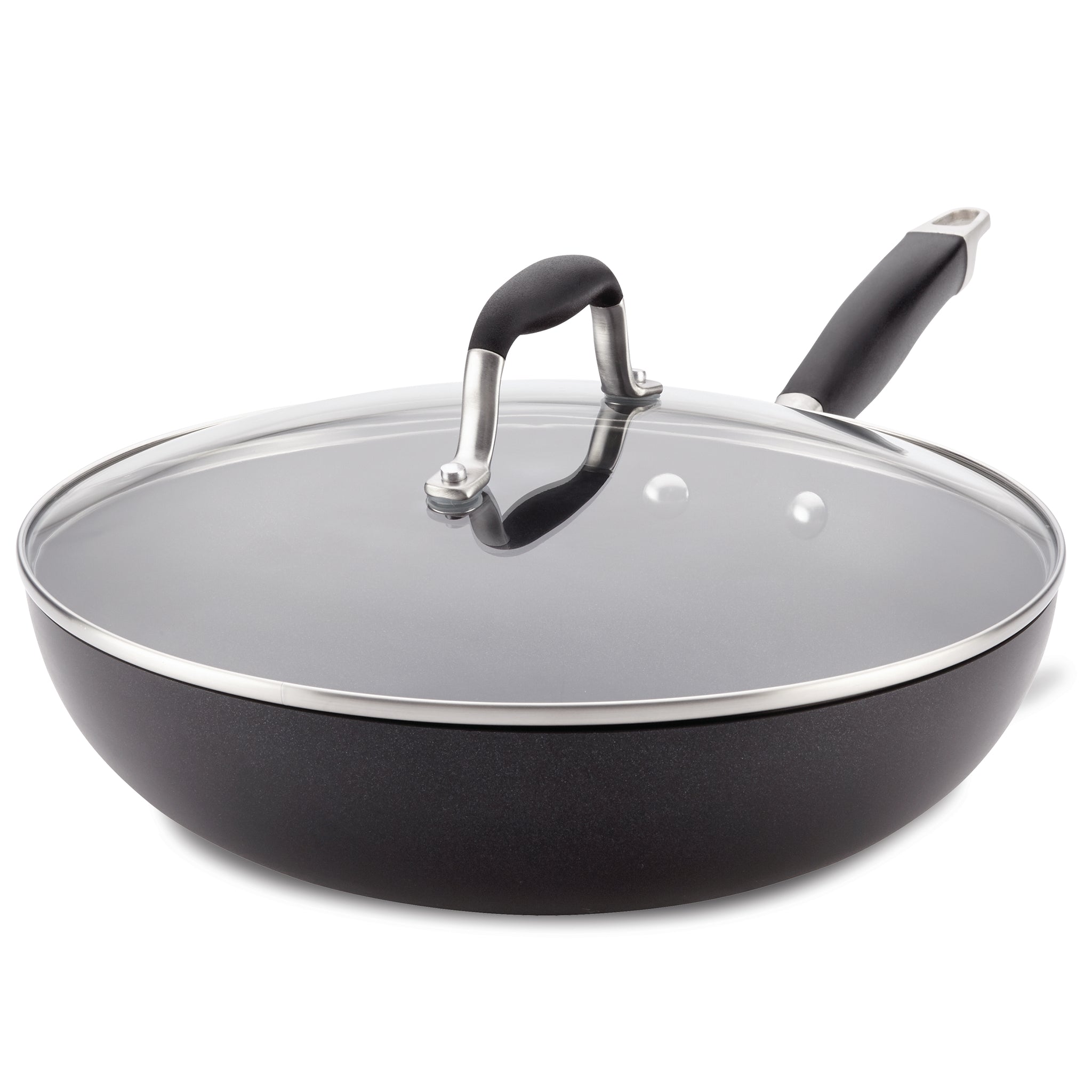 A large black nonstick frying pan with a shiny glass lid and a sleek black handle. The lid has a metal rim and a small black handle in the center. The pans design combines functionality with a modern aesthetic.
