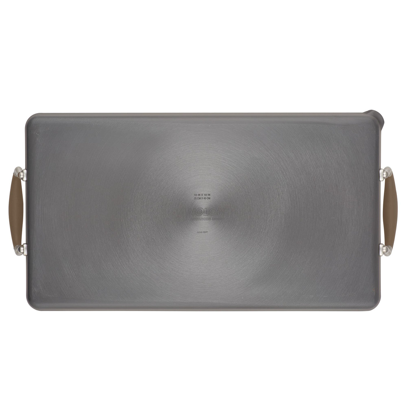 Rectangular metal baking sheet with handles on each side, featuring a non-stick surface and a subtle circular pattern in the center. The handles have a light brown, heat-resistant grip.