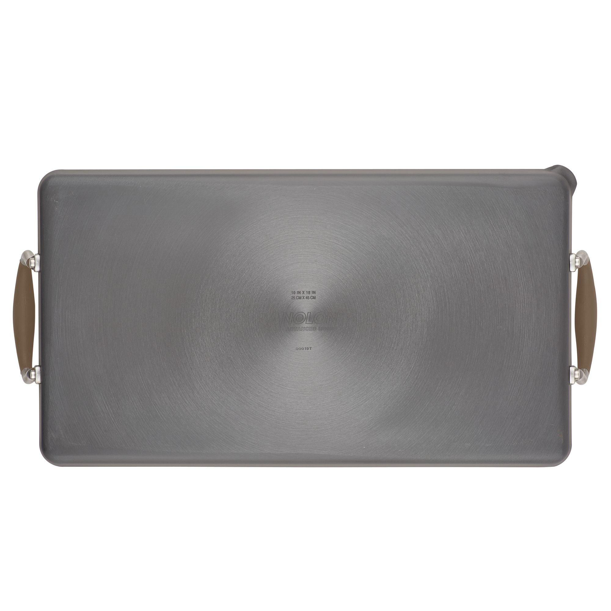 Rectangular metal baking sheet with handles on each side, featuring a non-stick surface and a subtle circular pattern in the center. The handles have a light brown, heat-resistant grip.