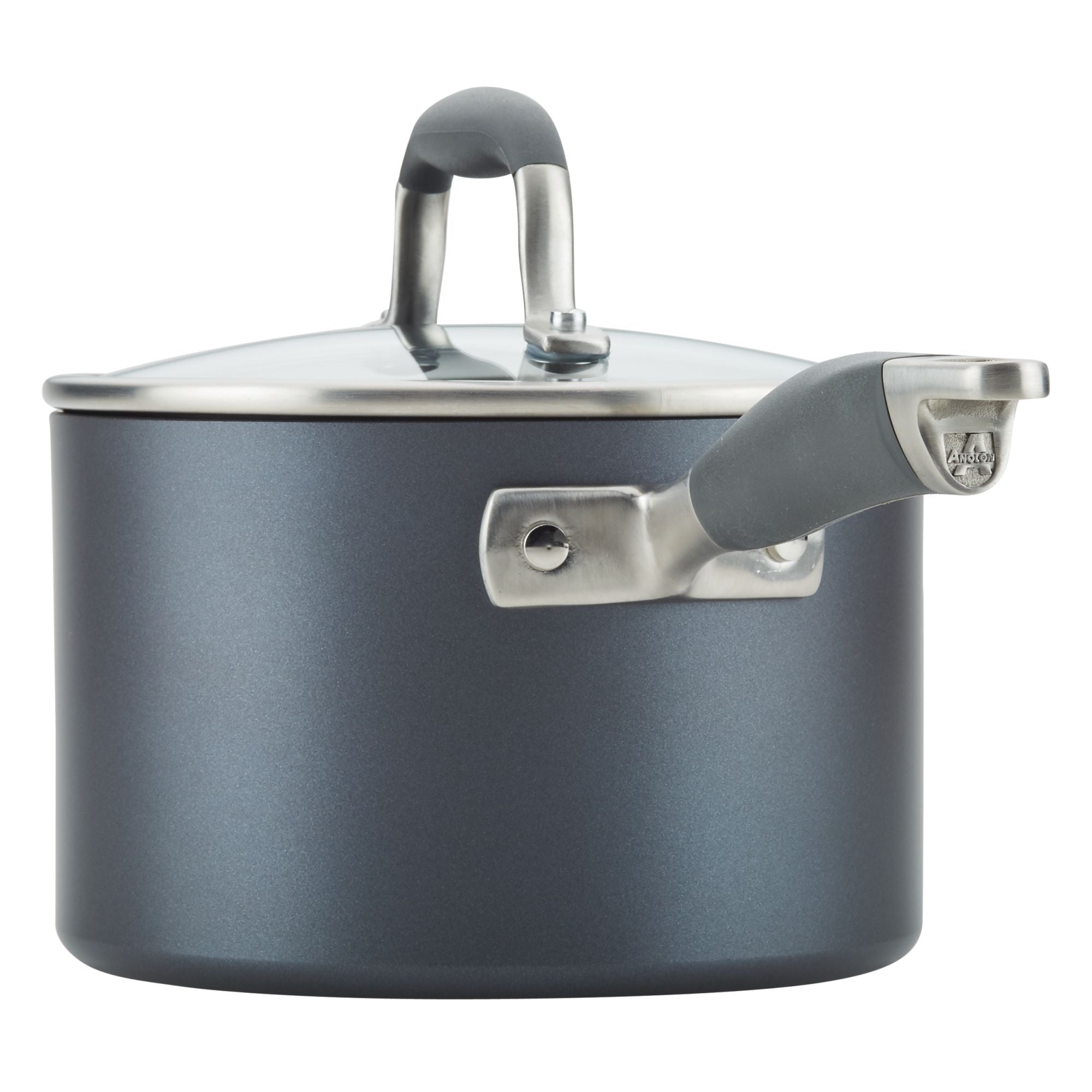 A gray saucepan with a long handle and a lid. The handle and lid knob appear cushioned. The exterior has a metallic finish, and the saucepan is positioned against a plain white background.