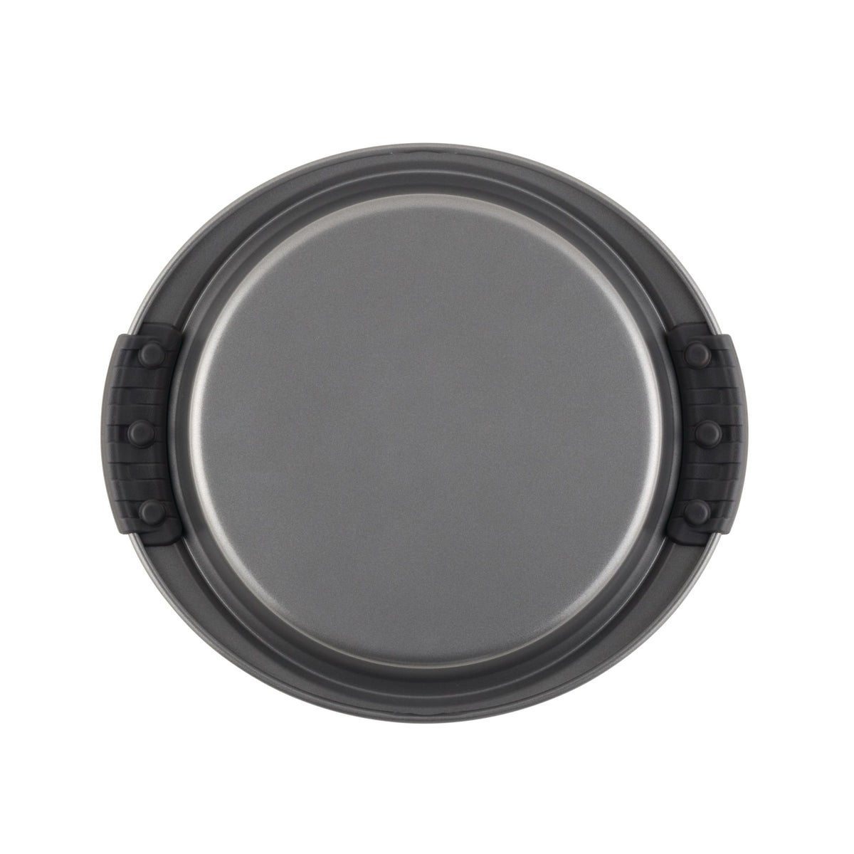 A round, non-stick springform baking pan with detachable sides and handles, designed for easy release and baking of cakes or desserts. The pan is dark gray in color and shown from a top-down view.