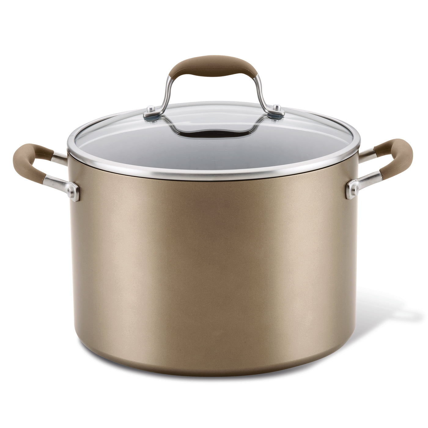 A large, metallic bronze pot with a matching lid and brown handles. The lid has a clear glass center and a silver rim, featuring a brown handle on top. The design is sleek and modern.